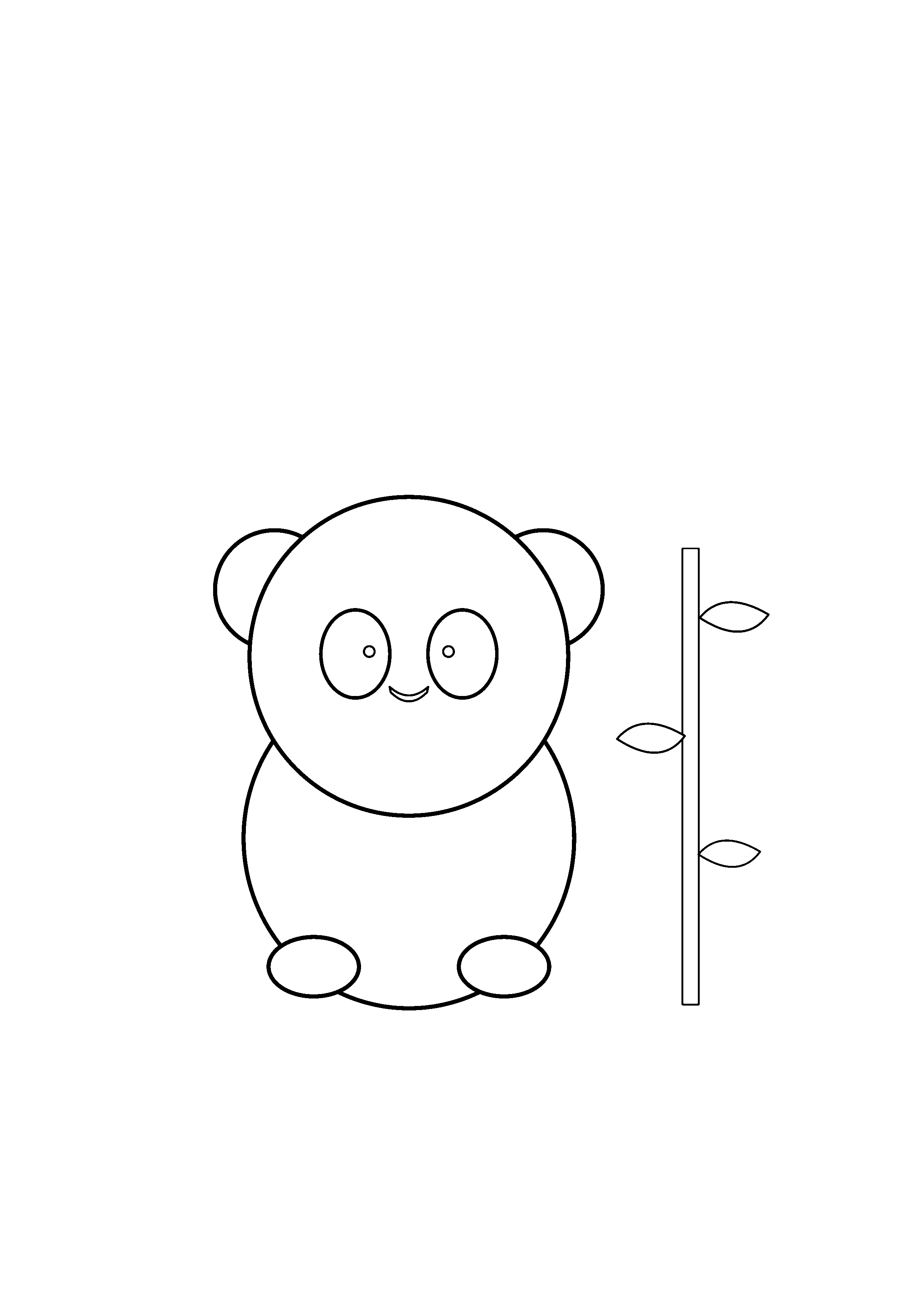 A round panda holds one tall bamboo stalk.