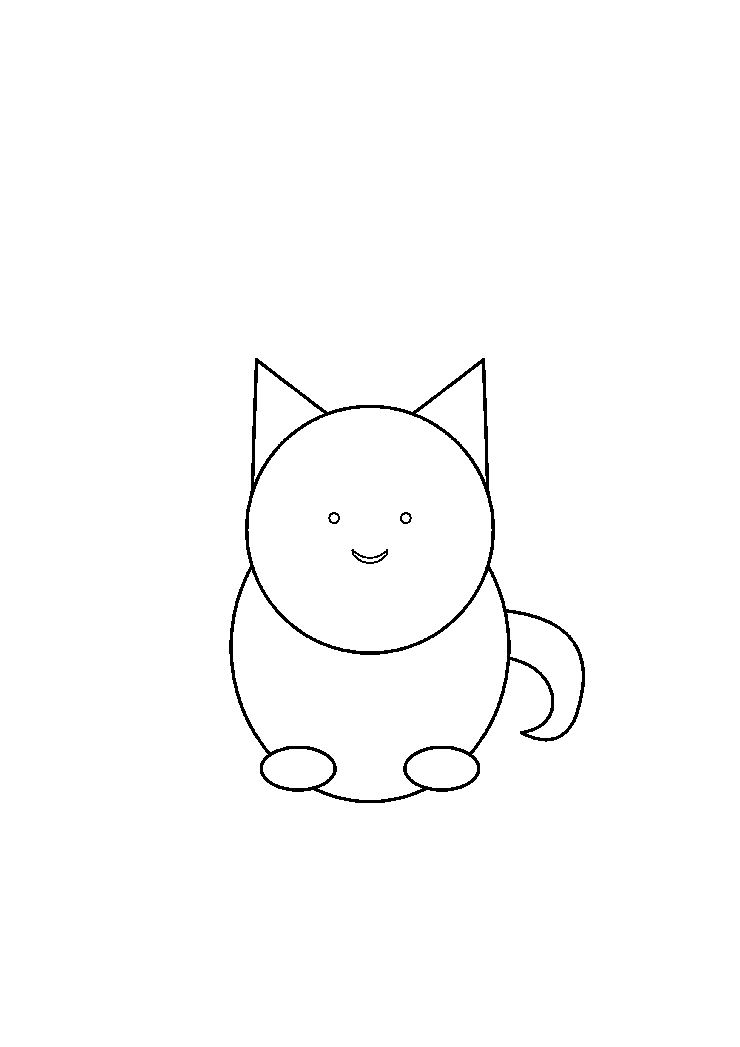 A round kitten sits with tiny paws and a curled tail.