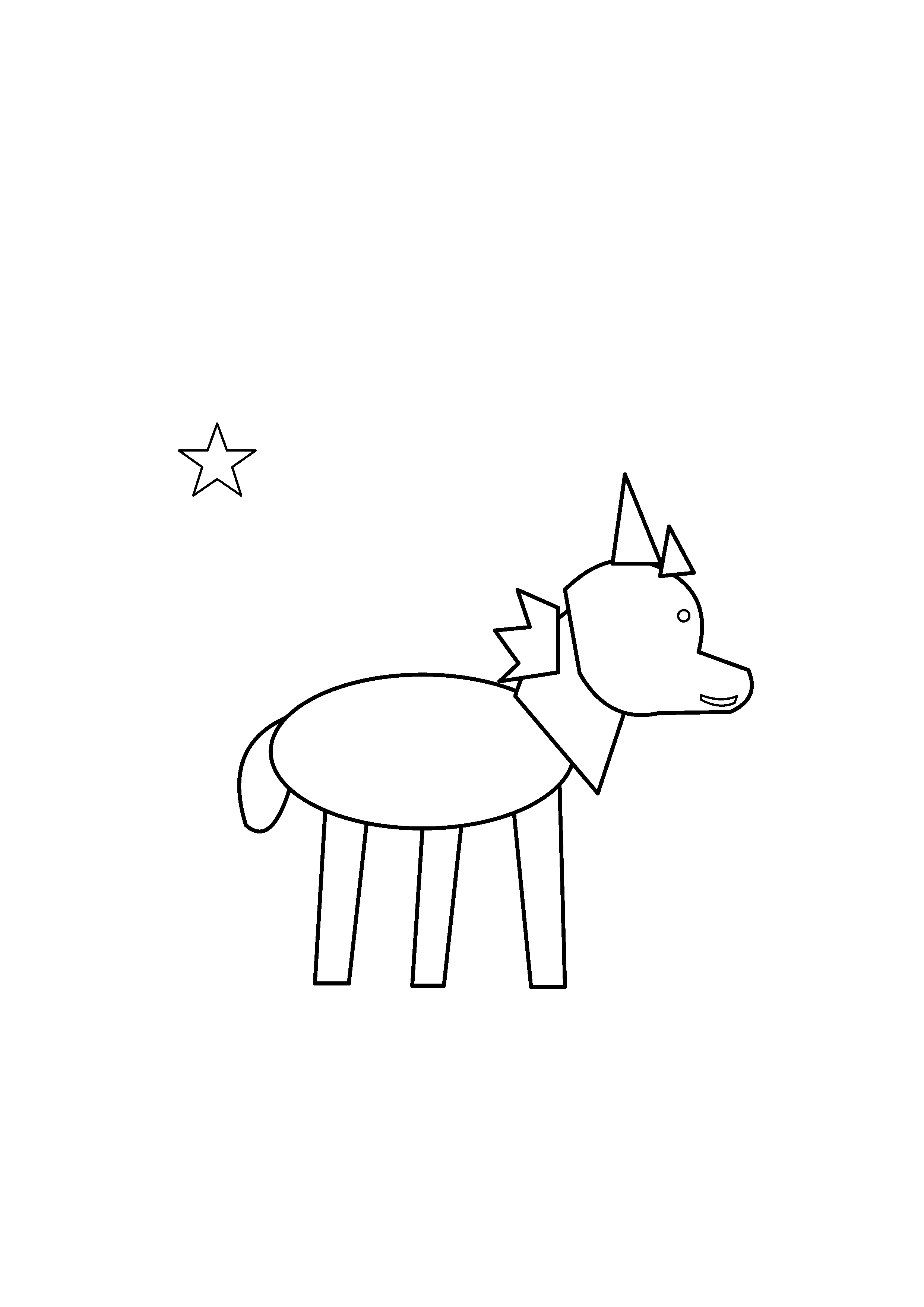 A little unicorn stands beside one large star.