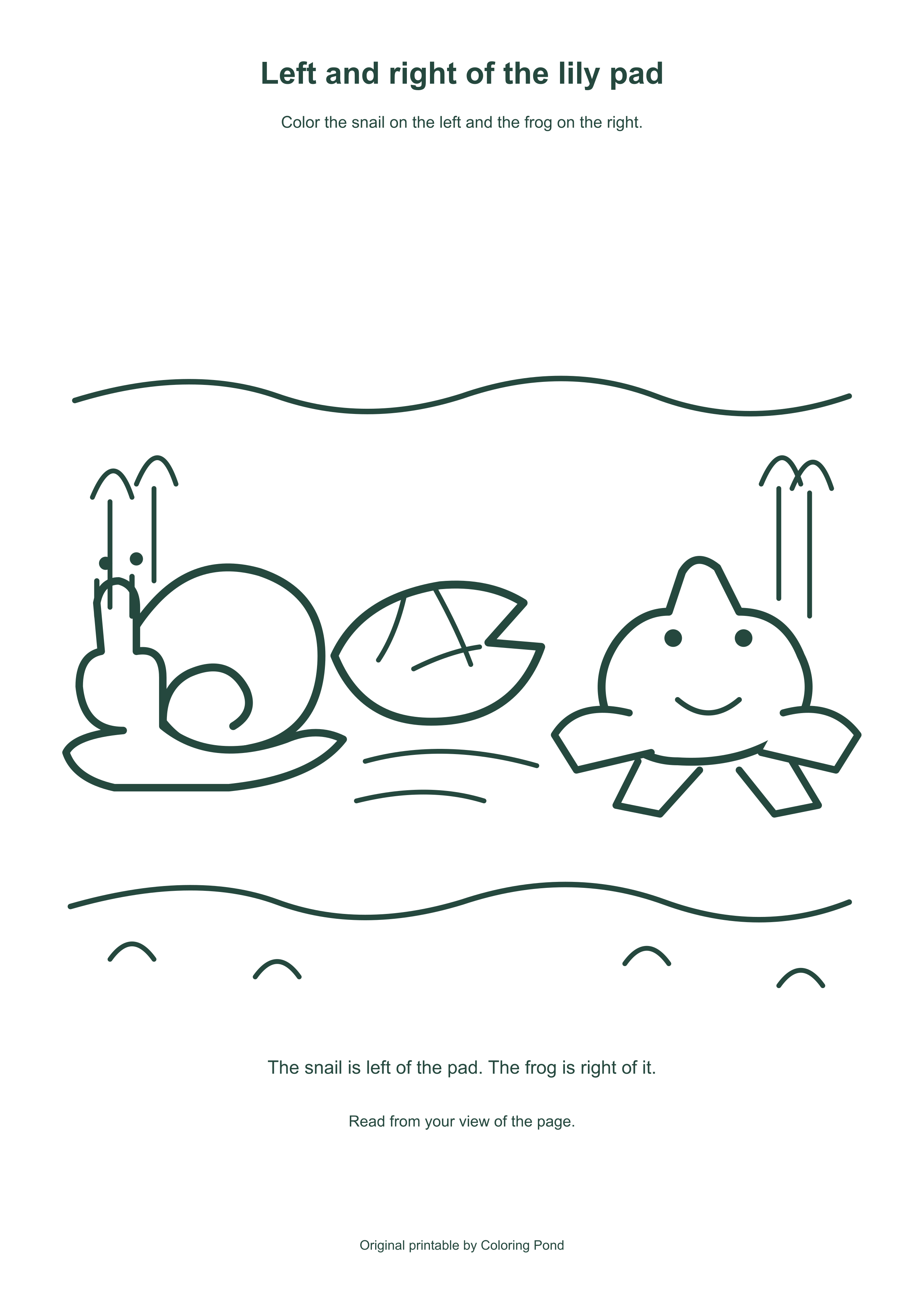 Original printable showing a snail left and frog right of a central lily pad