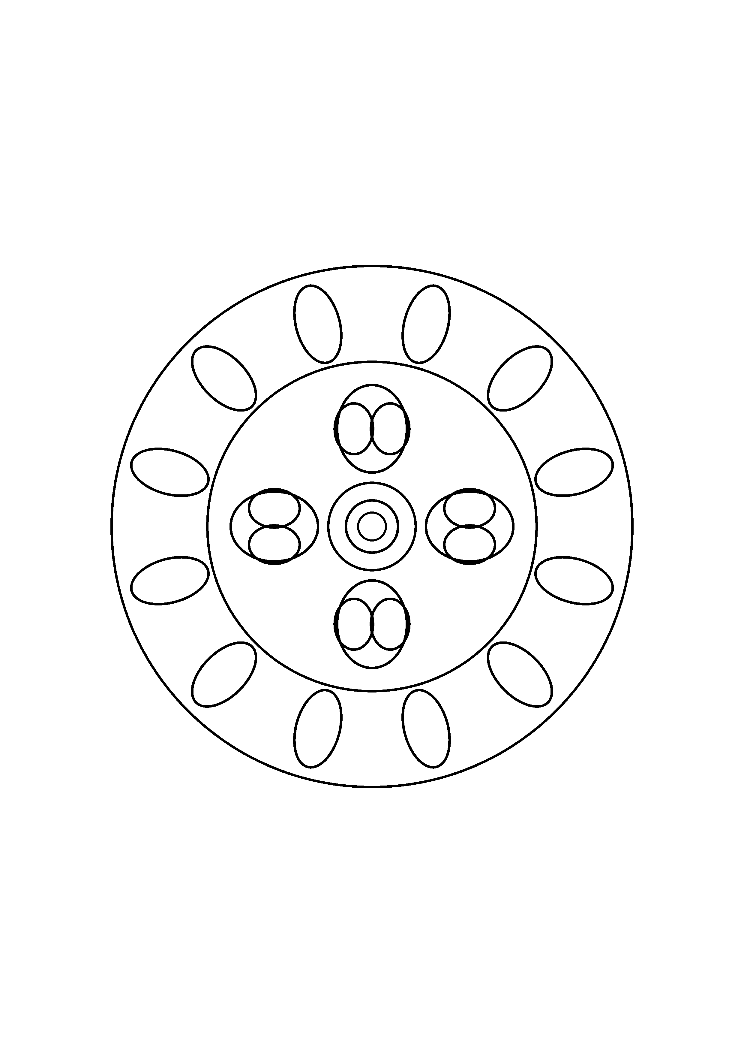 Four clover shapes and circular medallions repeat around a central bloom.
