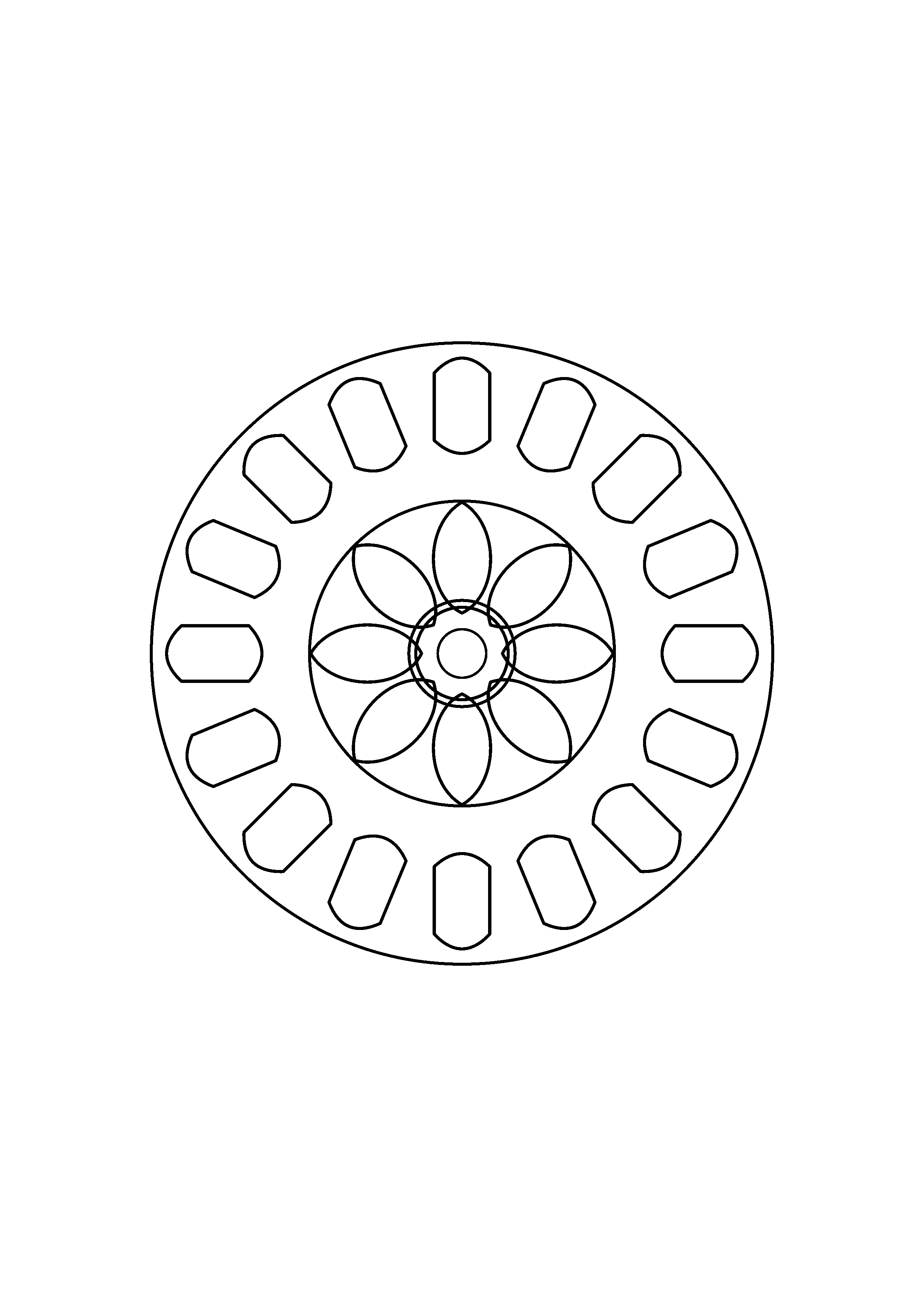 Eight broad petals surround a small circular center and a scalloped border.