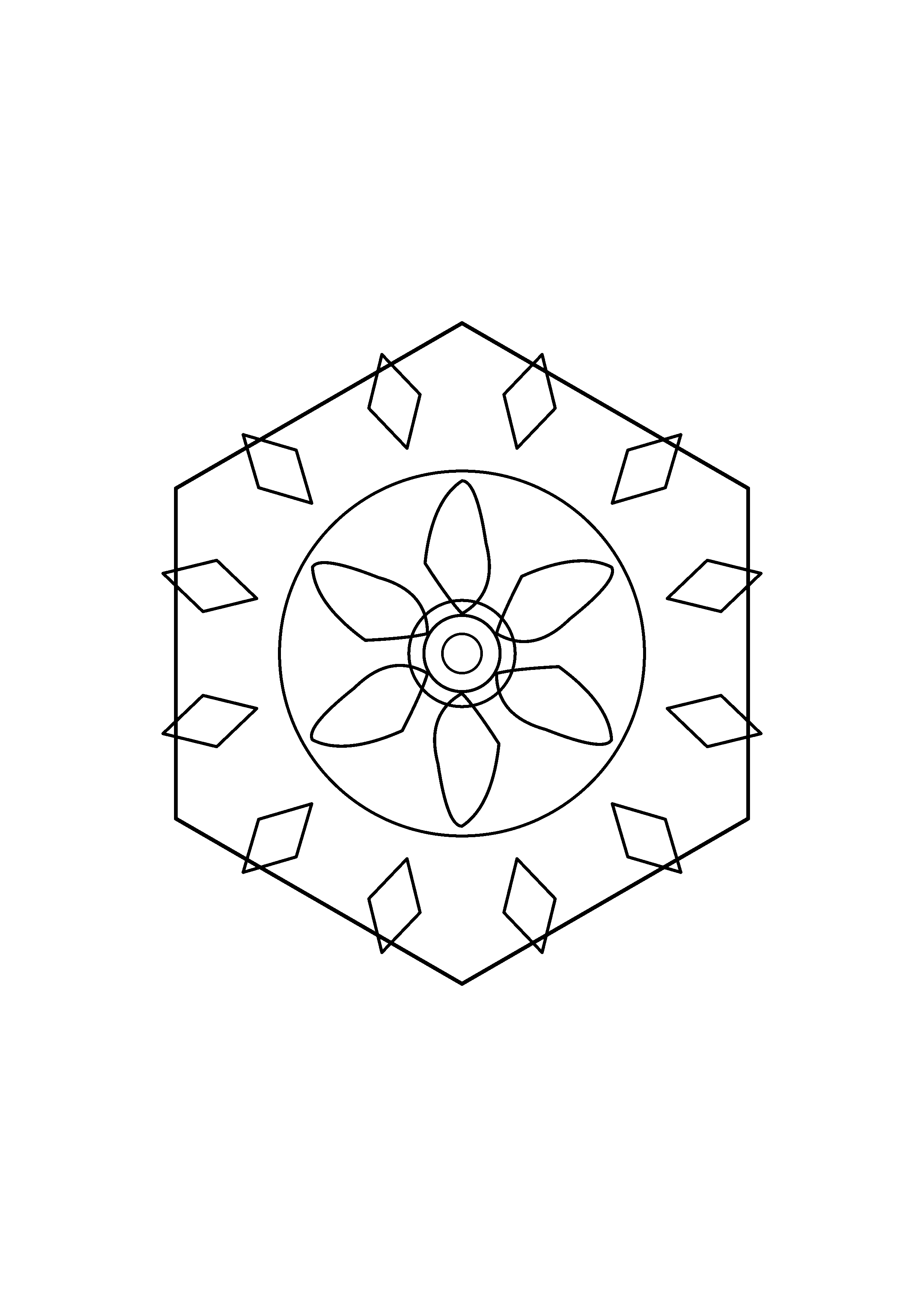 A hexagonal center sits inside six leaves and a geometric frame.
