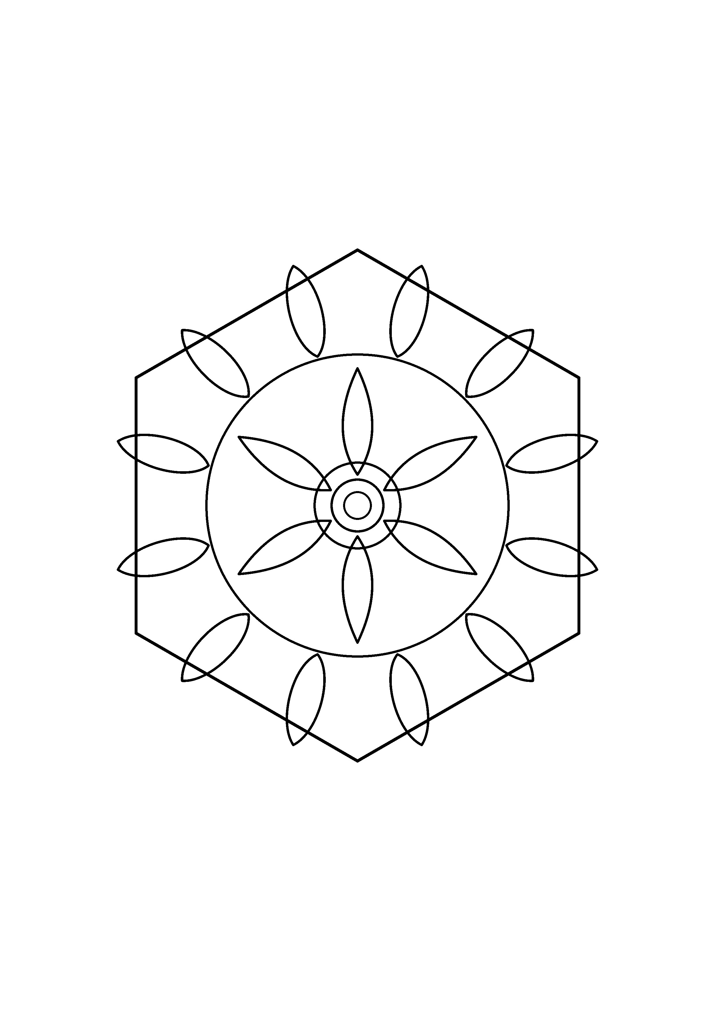 Six pointed petals alternate with rounded shapes around a central ring.