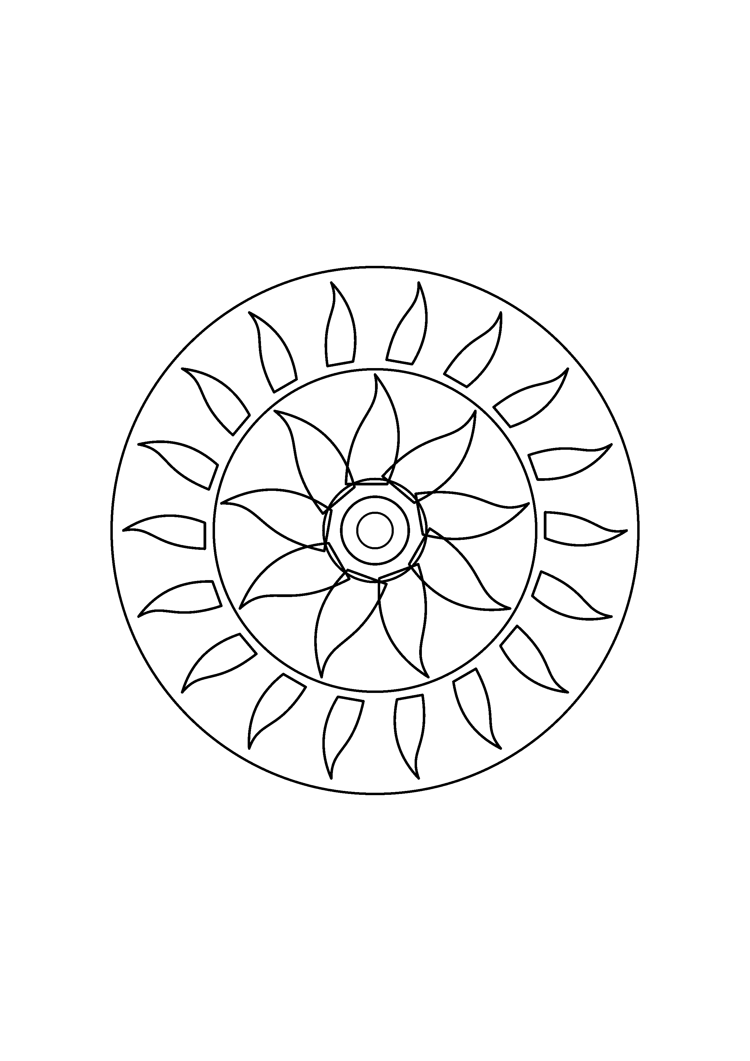Gently curved petals sweep around the center within two circular borders.