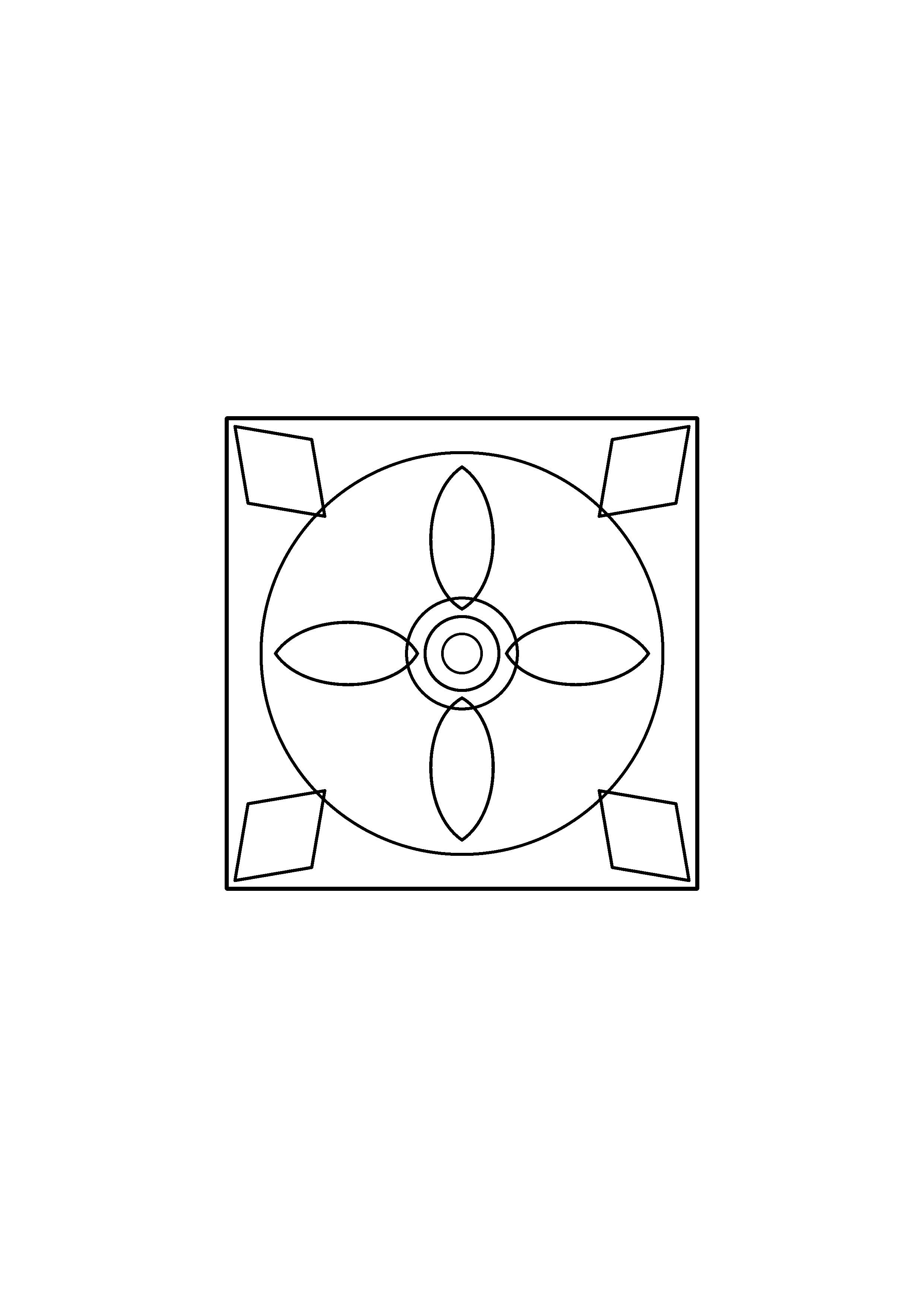 Four compass petals and four corner diamonds sit inside a square frame.