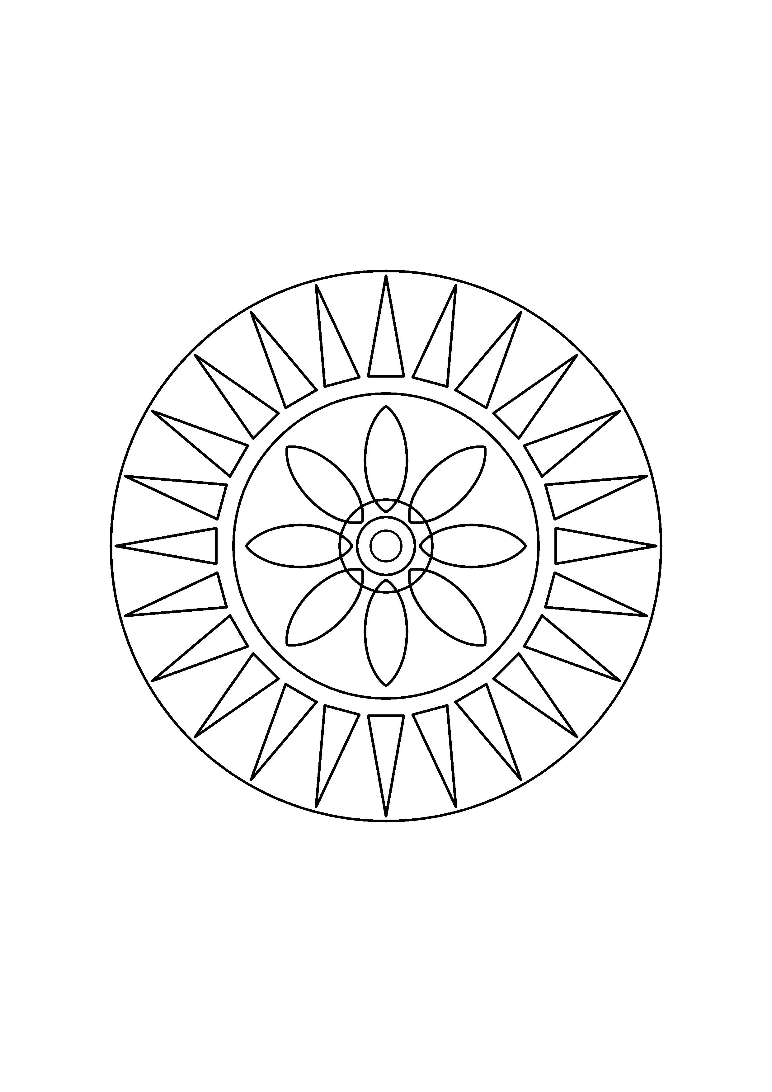 Repeated triangular rays surround a circular flower with broad petals.
