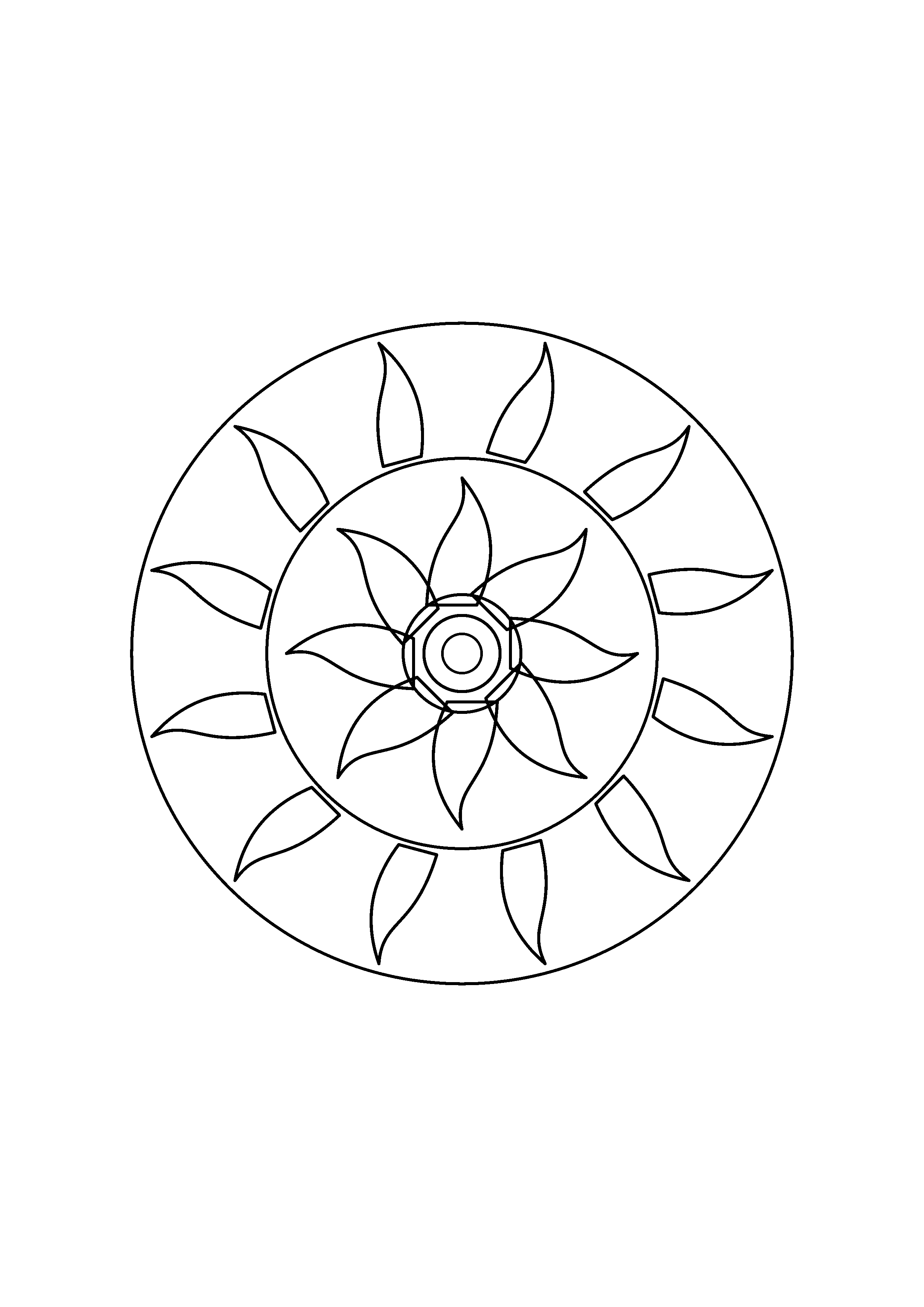 Broad wave shaped petals move around concentric open circles.