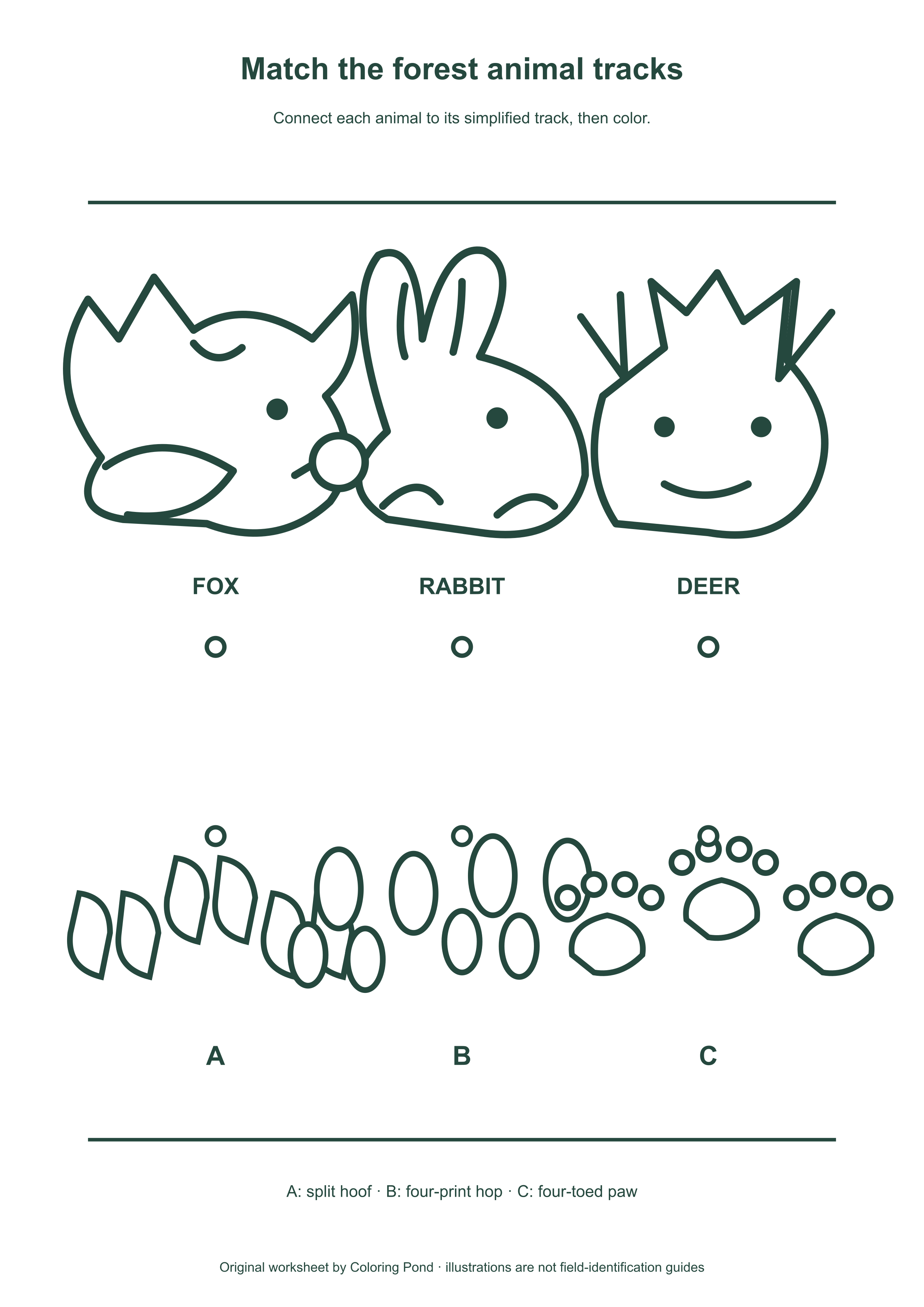 Original worksheet with fox, rabbit and deer above three simplified track patterns labeled A, B and C