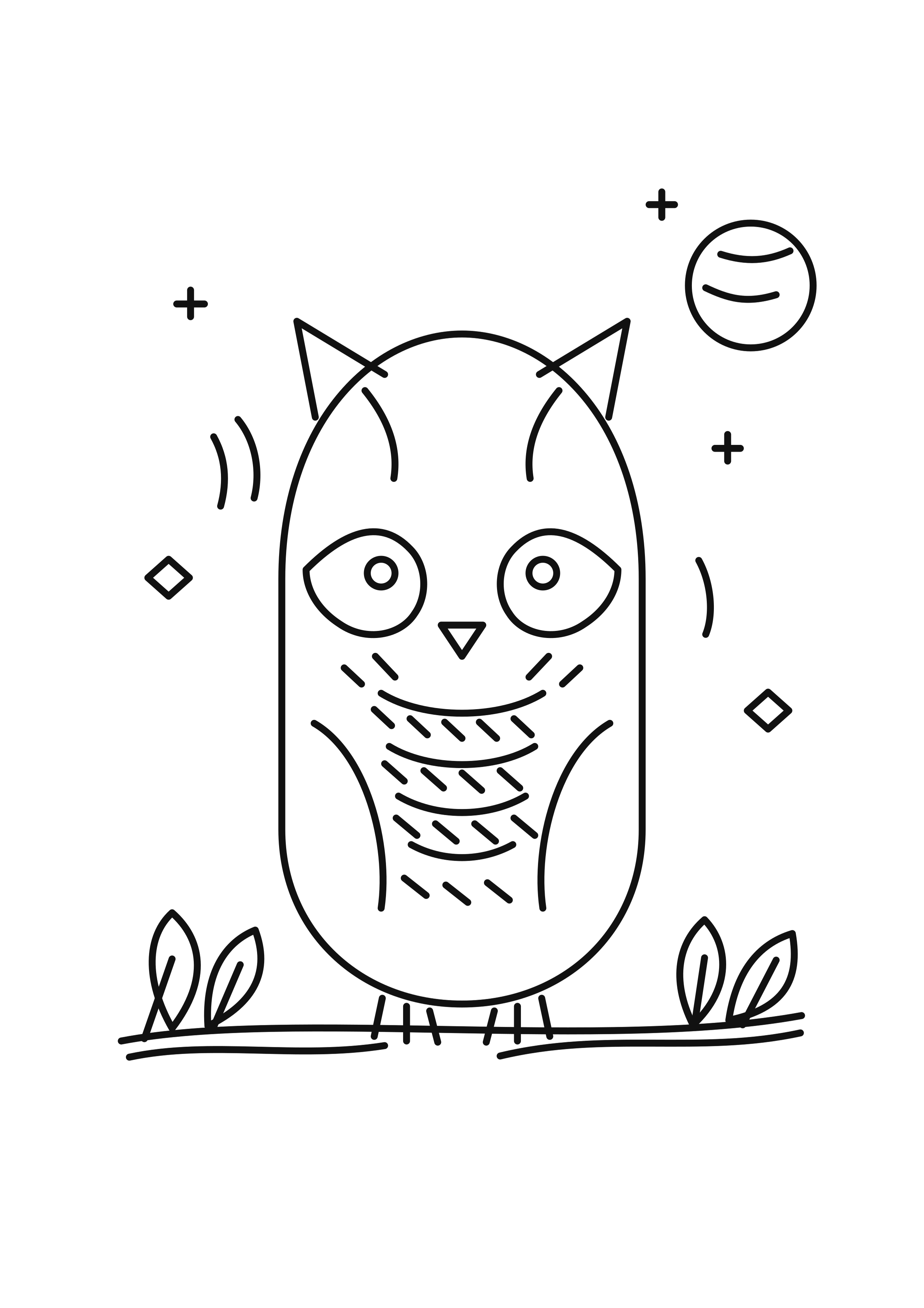 Detailed owl coloring page: The same composition with feather marks, bark, leaves, and sky details.