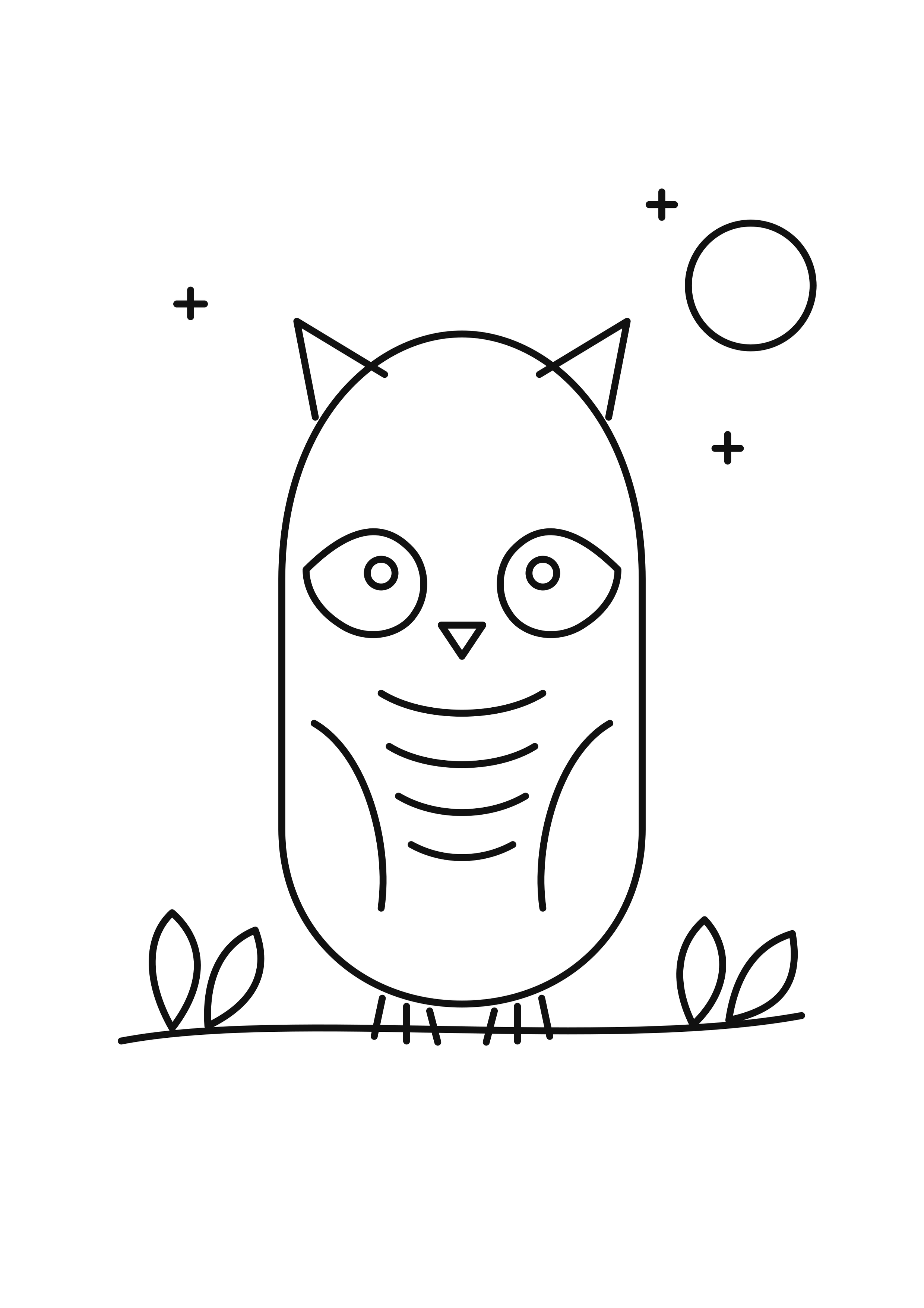 Medium owl coloring page: The same owl with feathers, leaves, a moon, and a few stars.