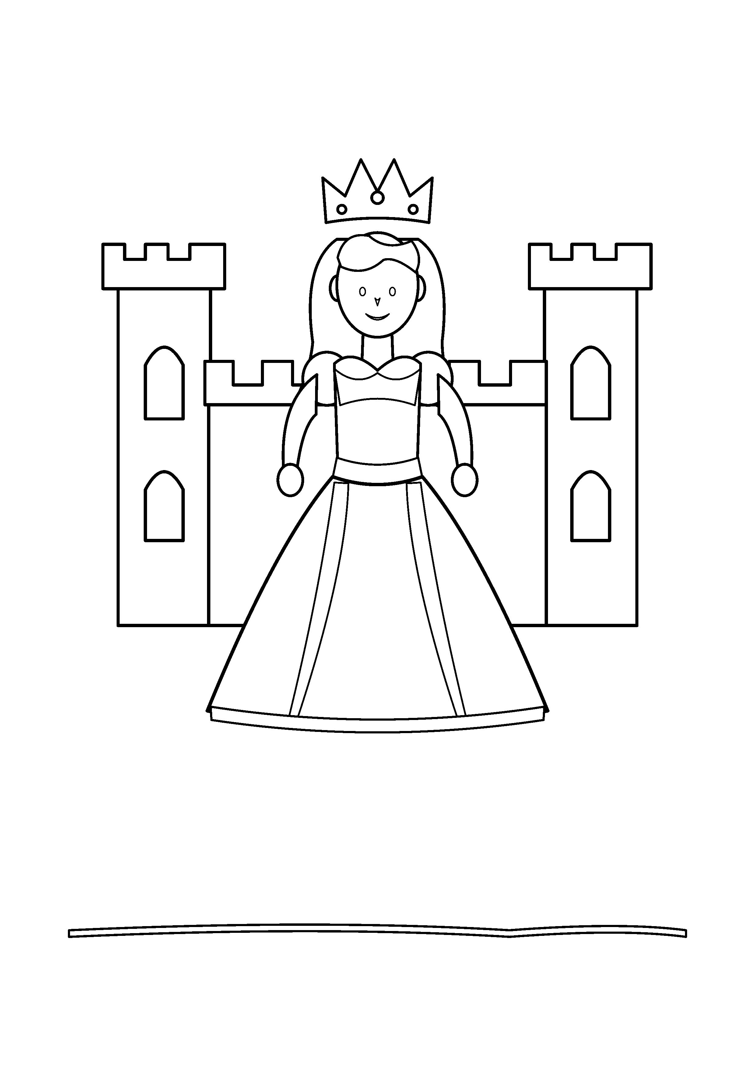 A crowned princess stands before an arched castle gate and two towers.