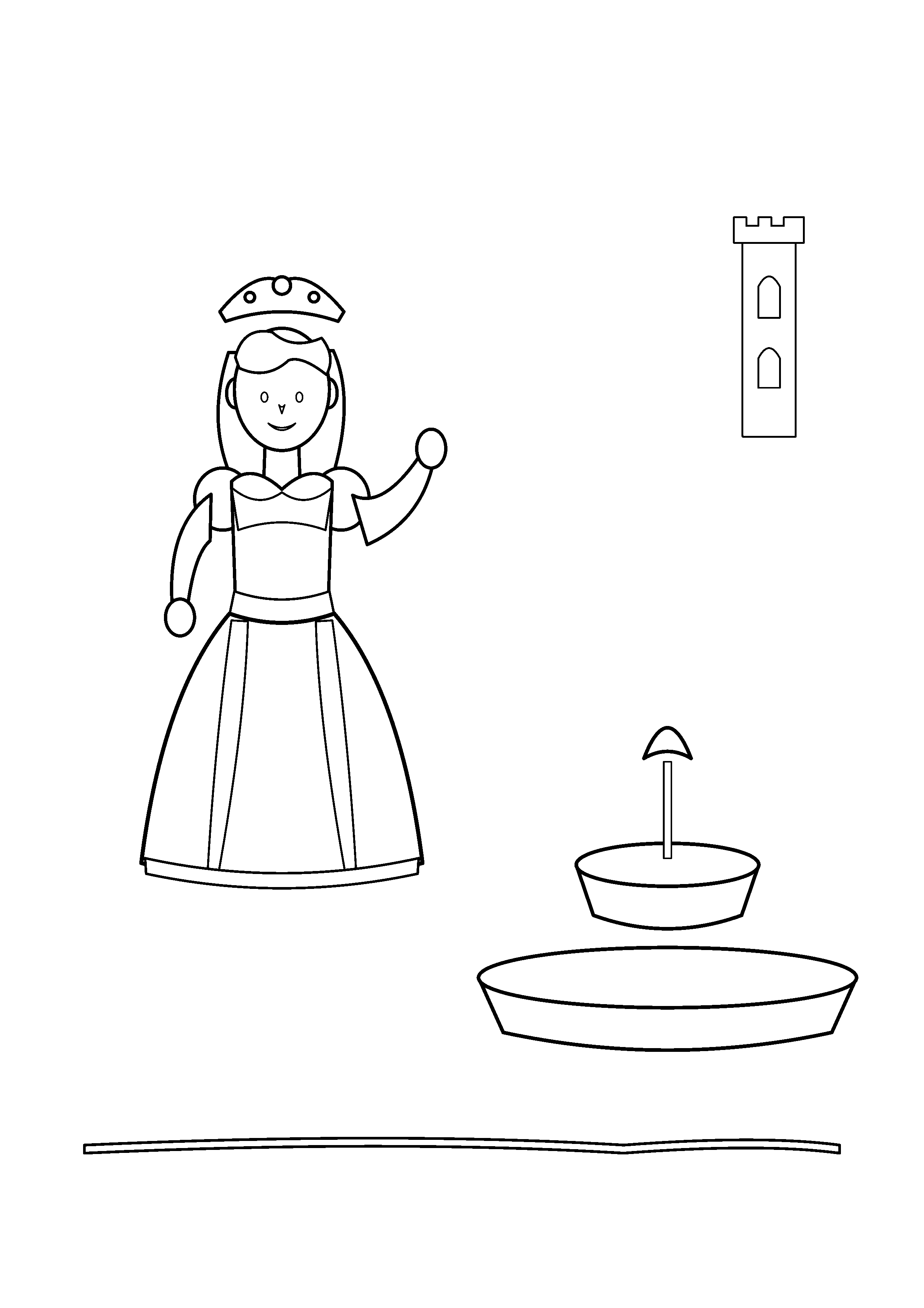 A princess stands beside a tiered fountain in a courtyard.