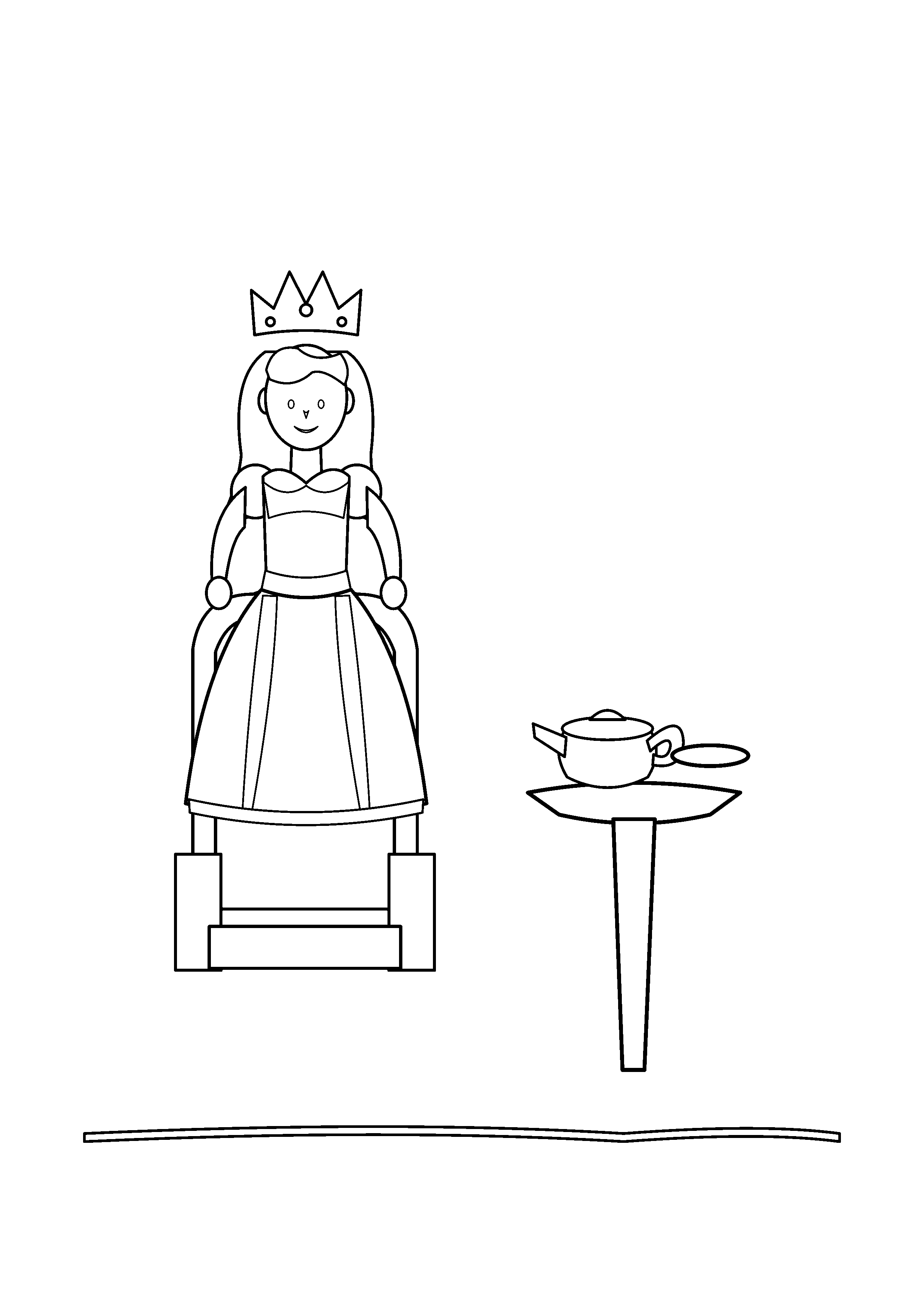 A princess stands beside a round table with a teapot and cup.