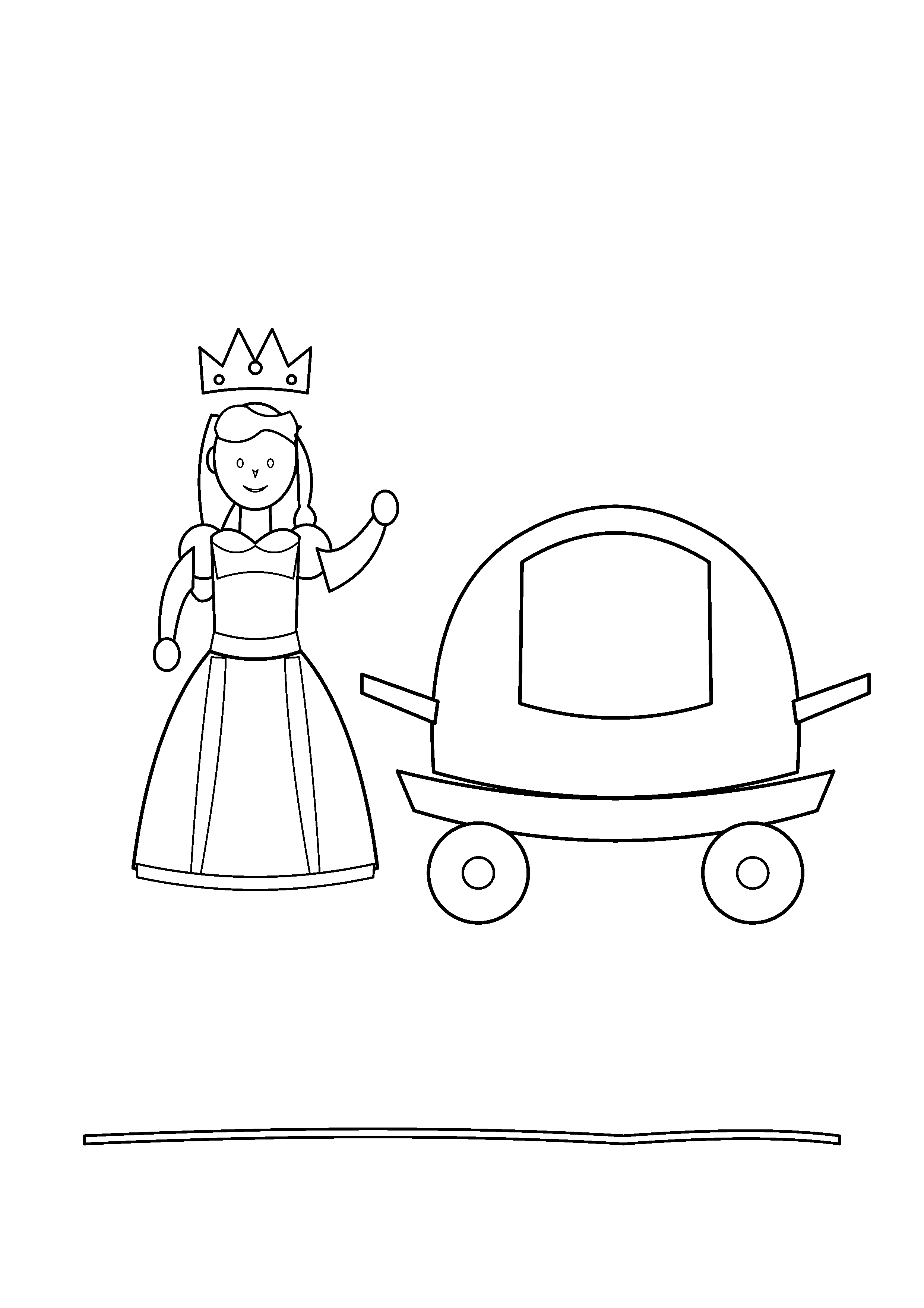 A princess stands beside a rounded carriage with large wheels.