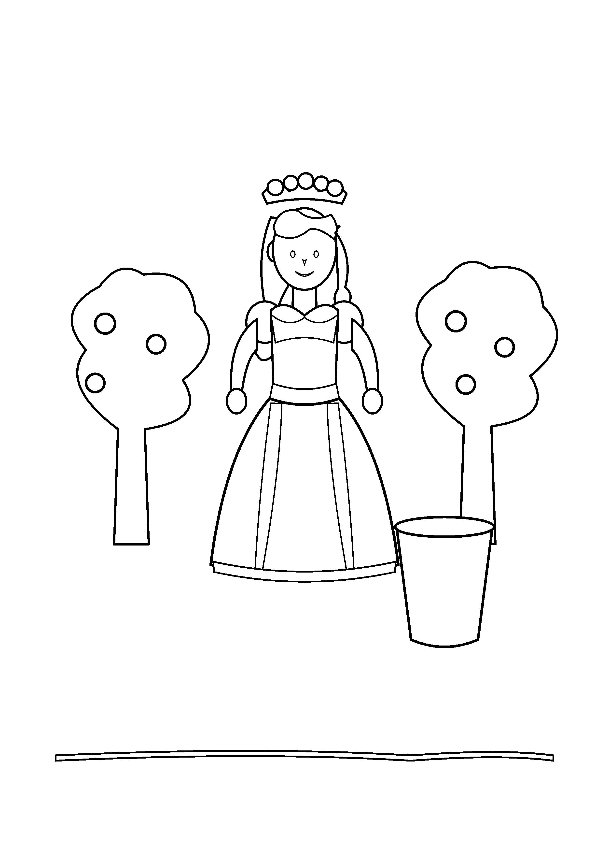 A princess stands between two fruit trees beside a basket.