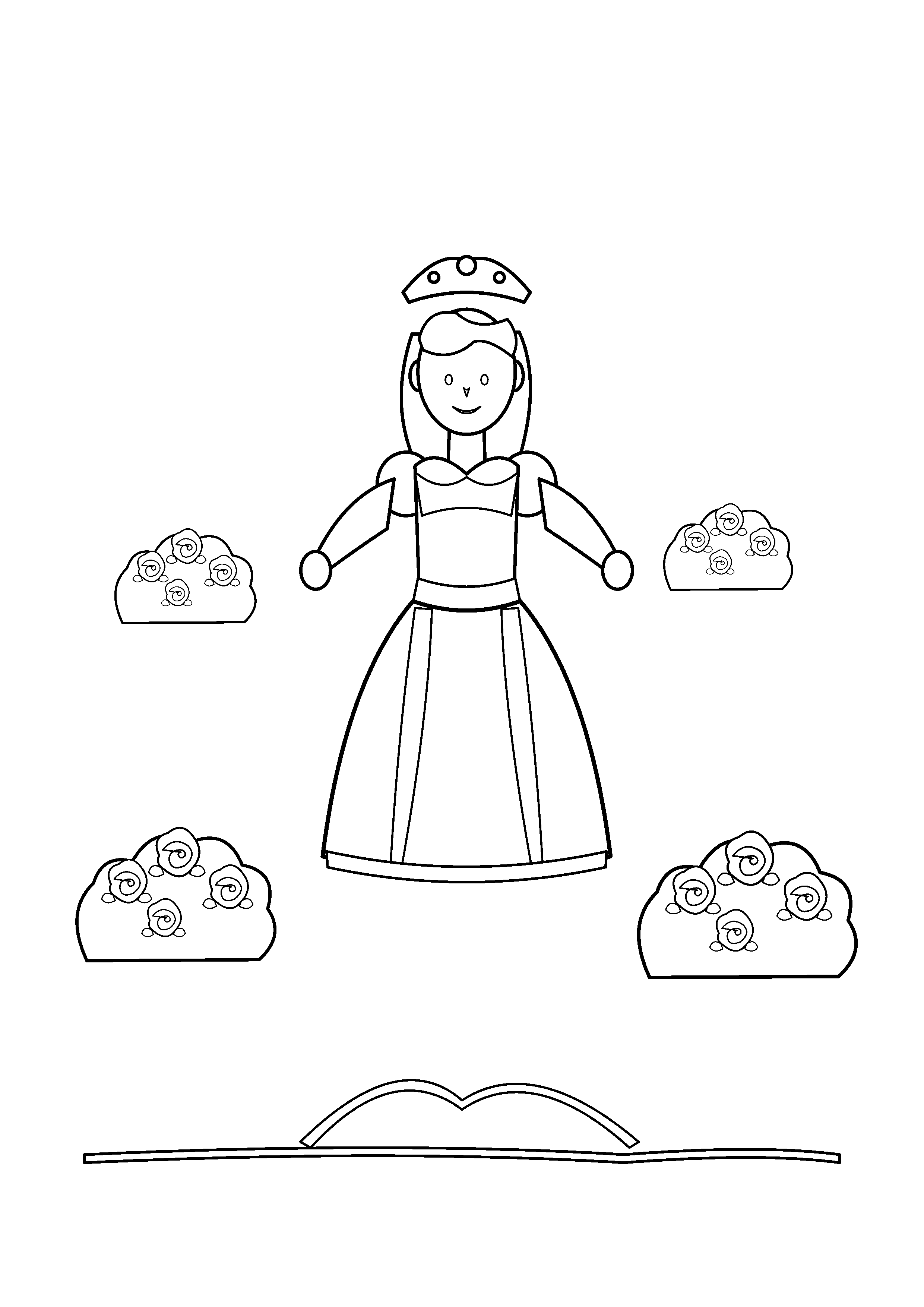 A princess walks between rose bushes beside a garden path.