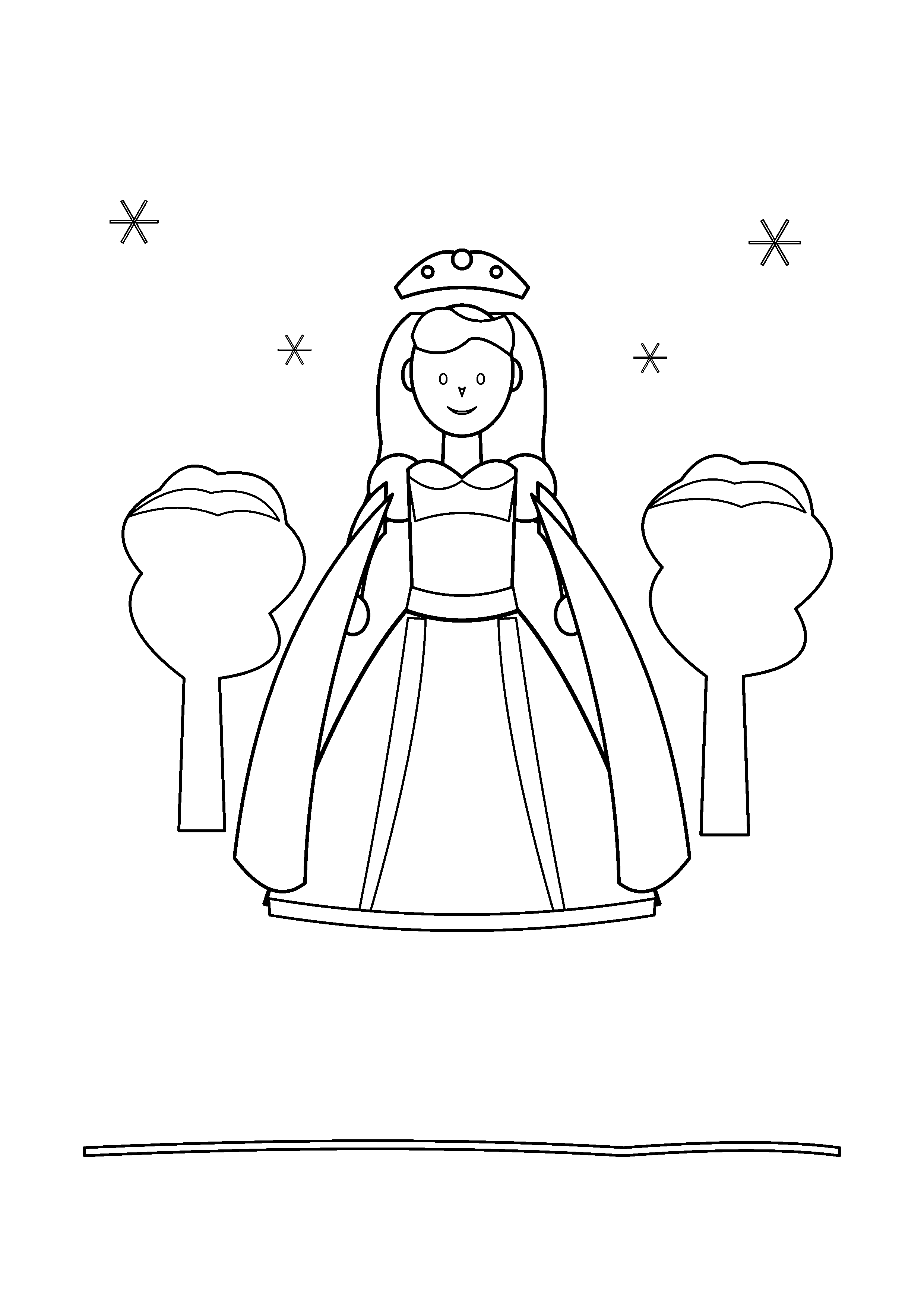 A princess in a cape stands among snowflakes and snow-covered trees.