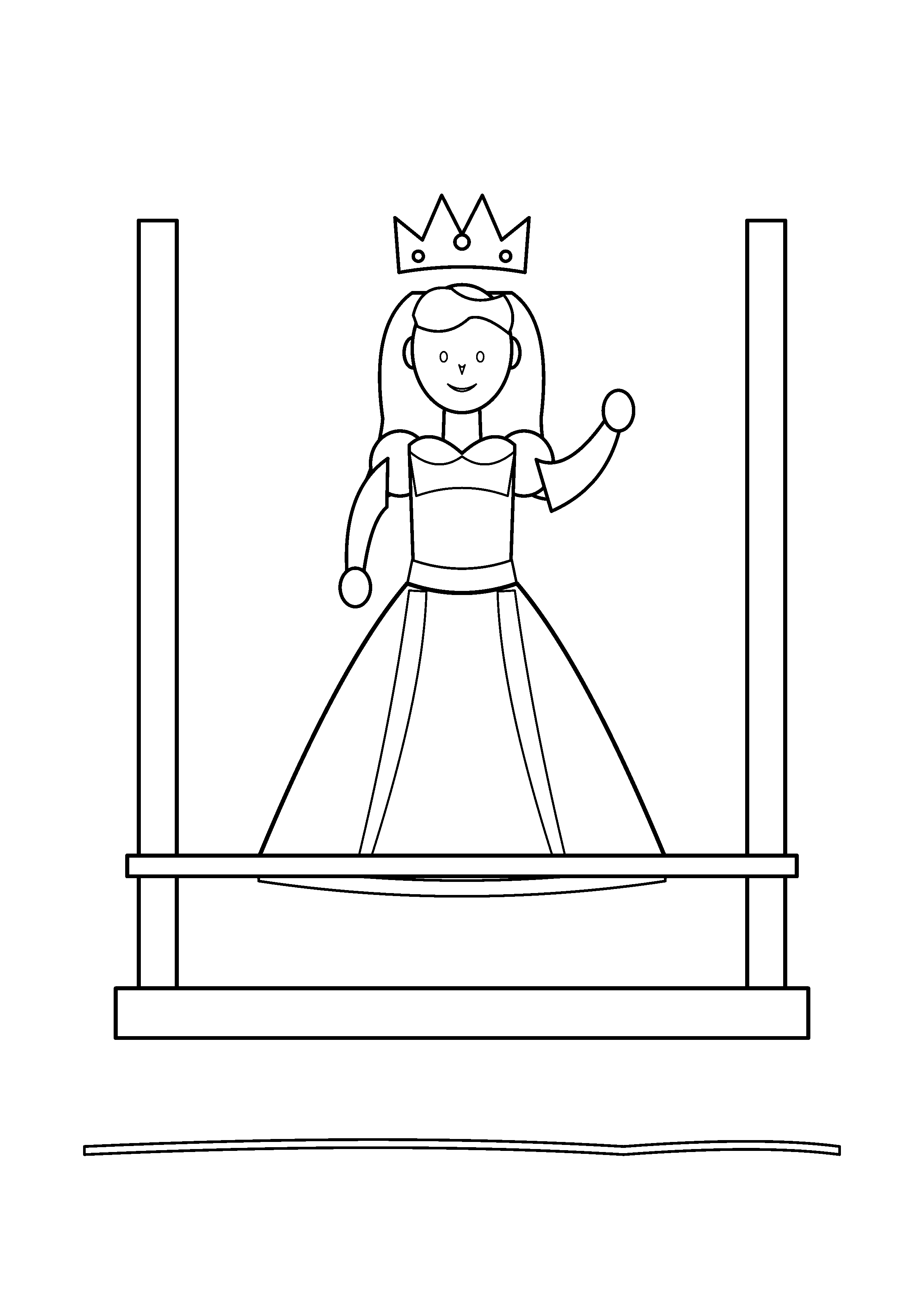 A princess waves from a balcony framed by two pillars.