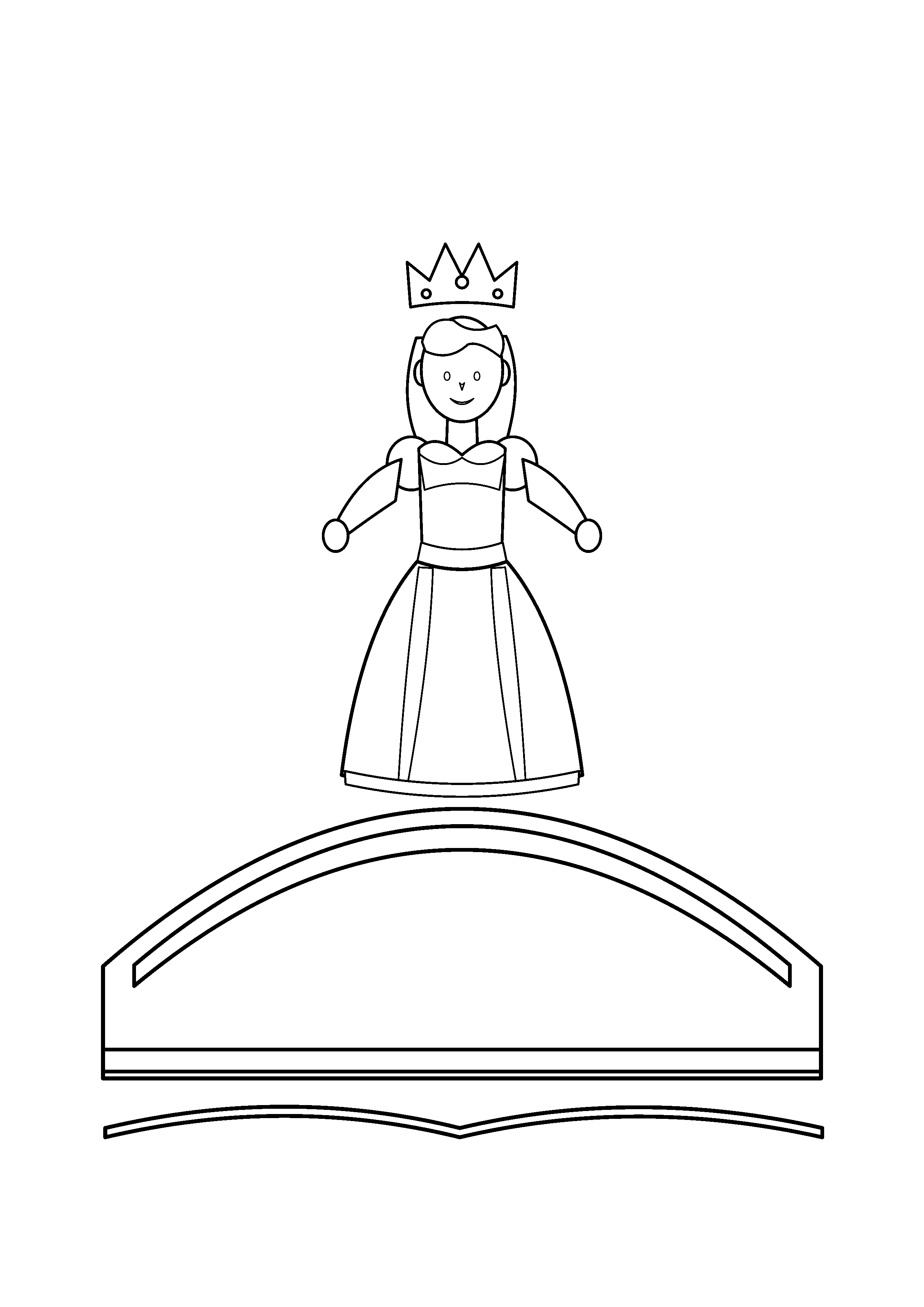A princess crosses an arched stone bridge over a narrow stream.