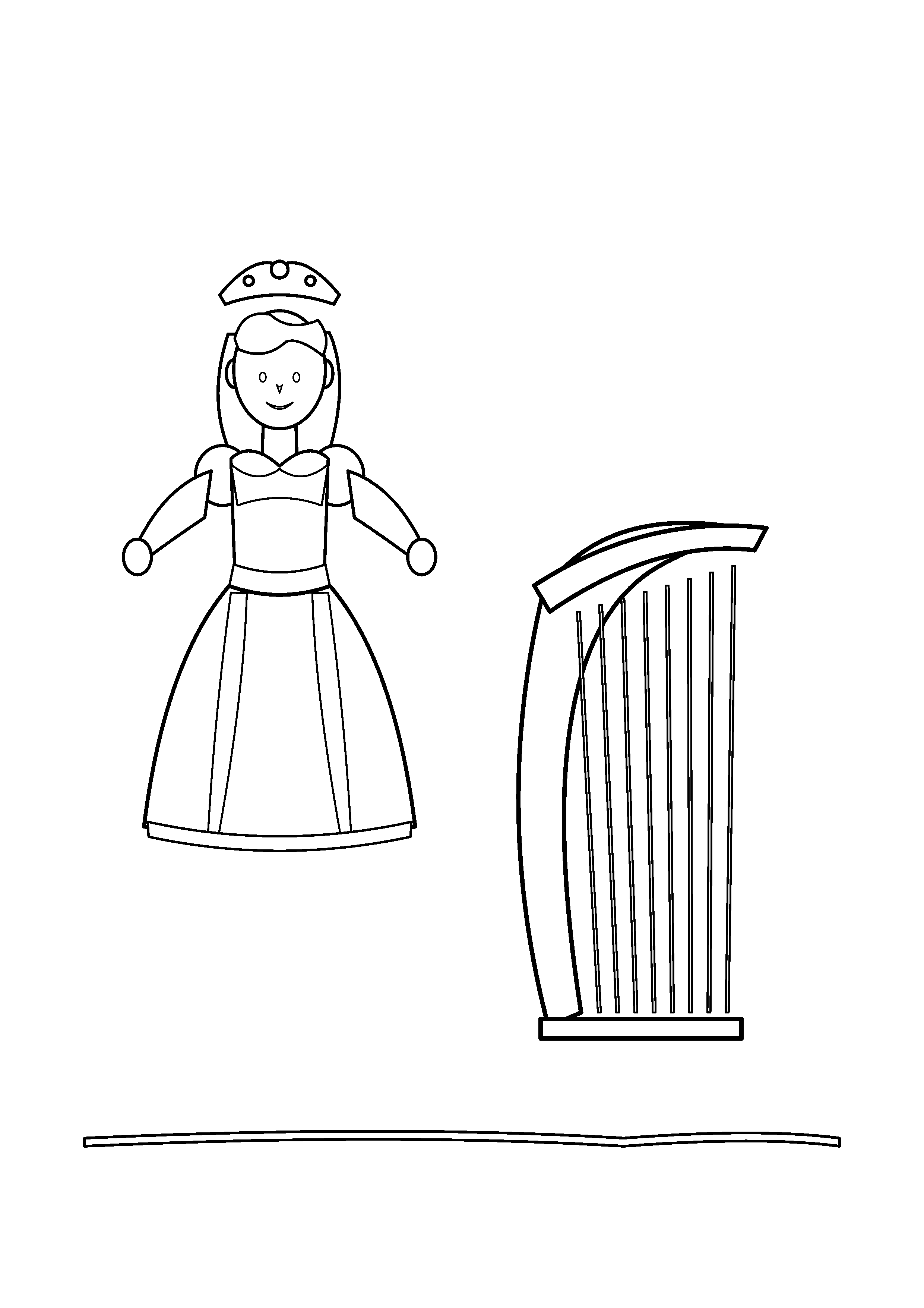 A princess stands beside a curved harp in a quiet palace room.