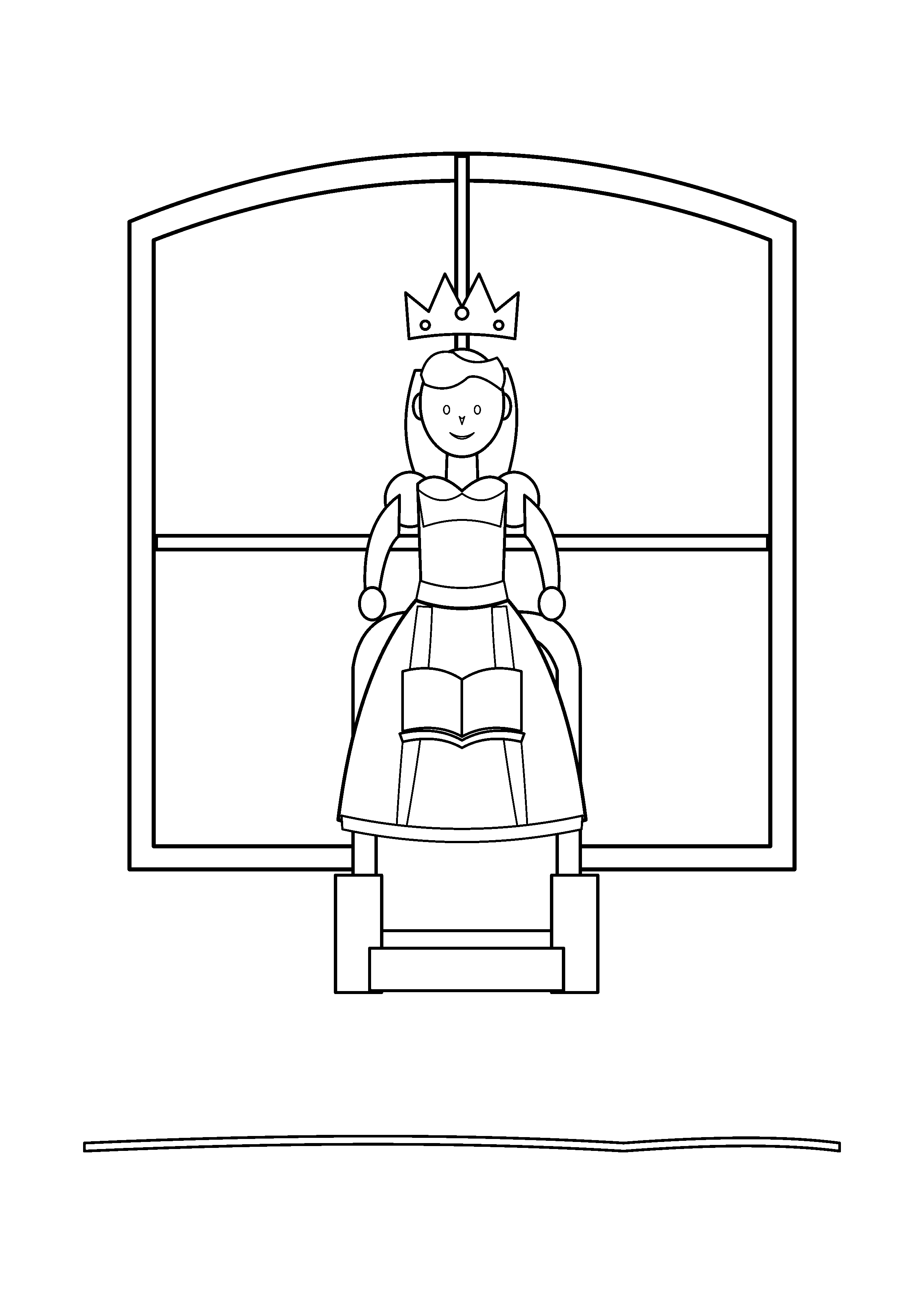 A princess reads a book beside a tall arched window.