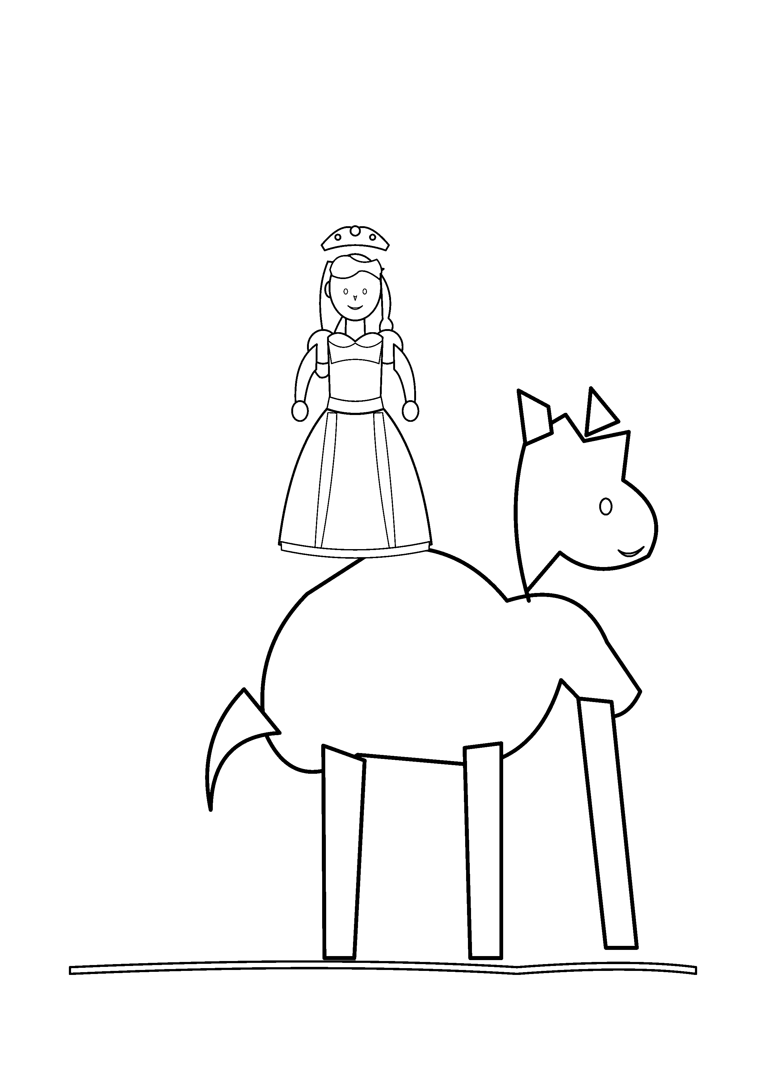 A princess rides a gentle horse past a small meadow.