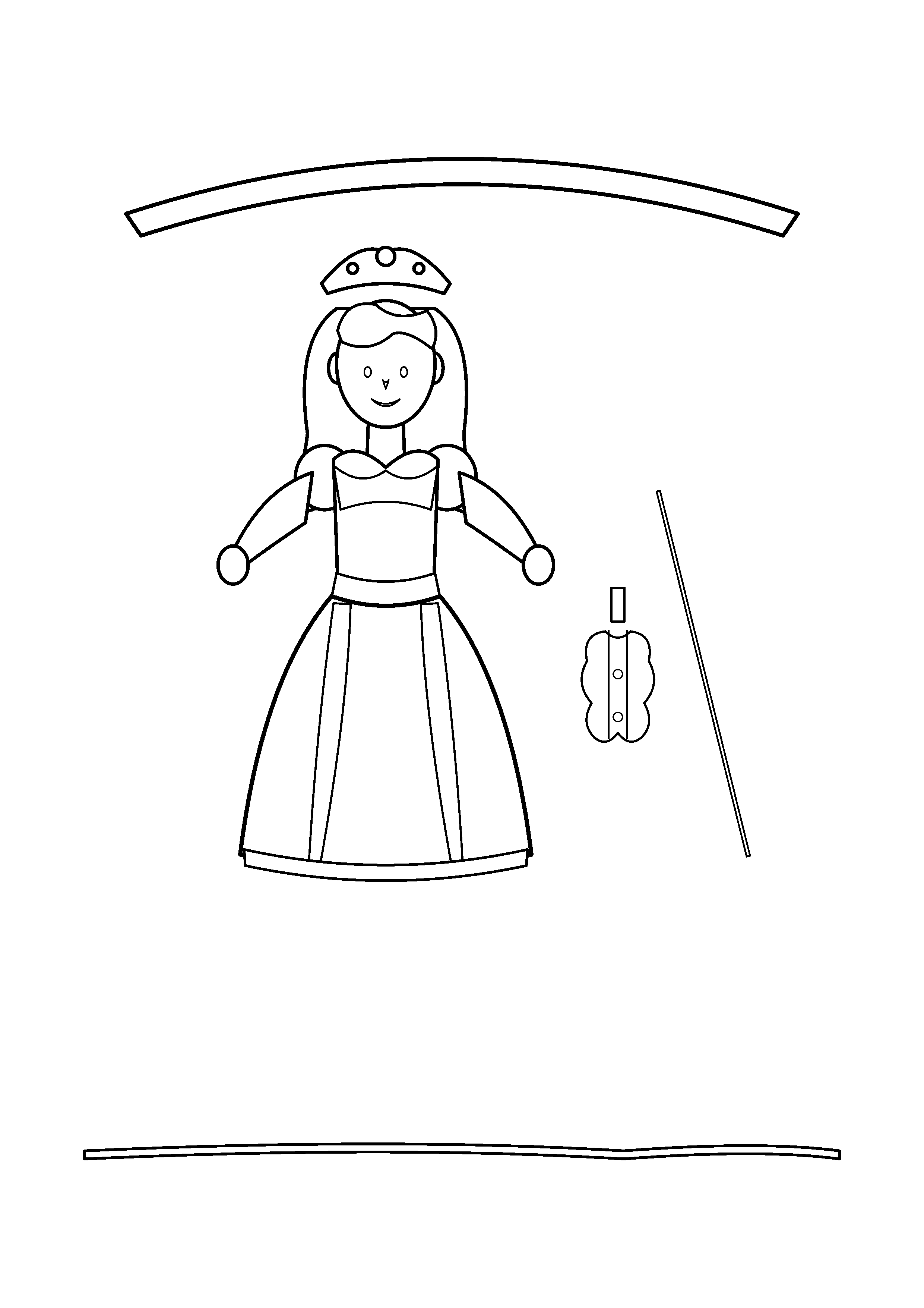 A princess stands near a violin and bow beneath a simple arch.