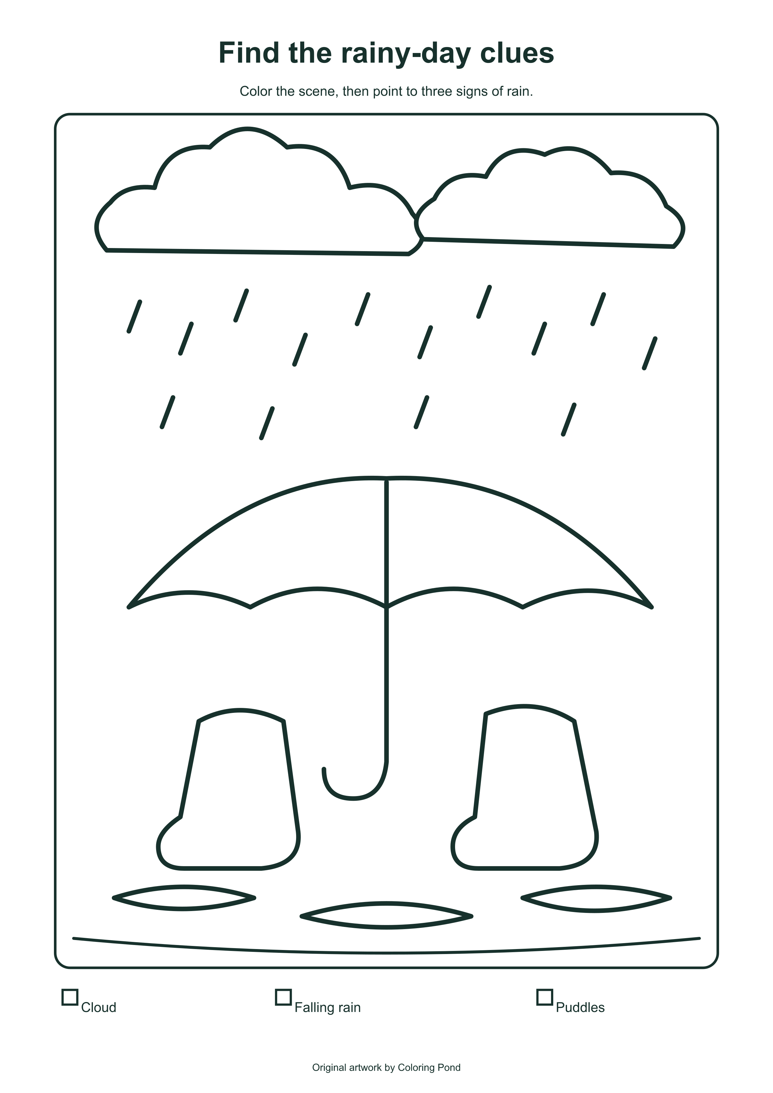 Original printable rainy scene with clouds, rain, umbrella, boots and three puddles