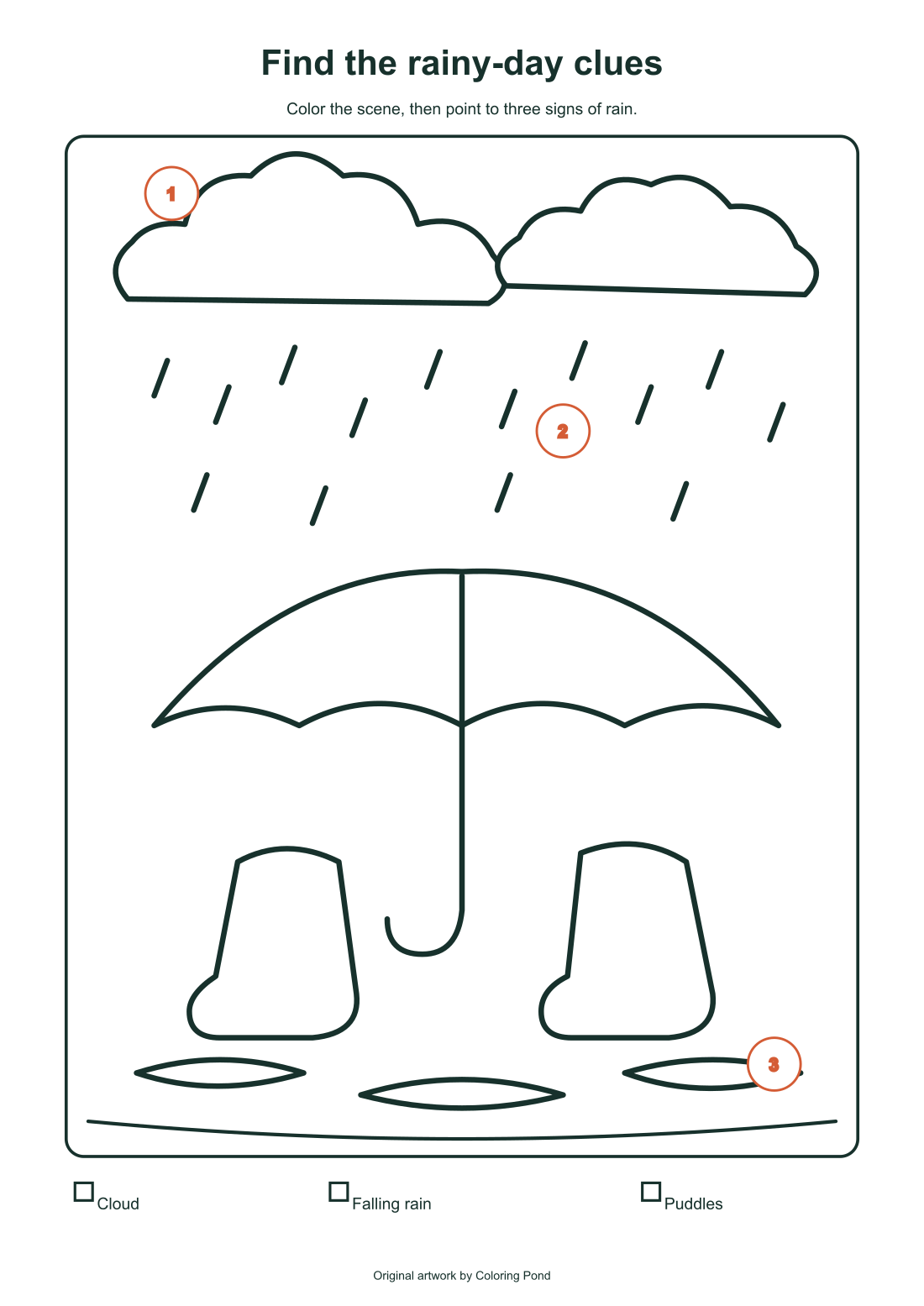 Annotated copy marking the cloud, falling rain and puddles on the original coloring sheet