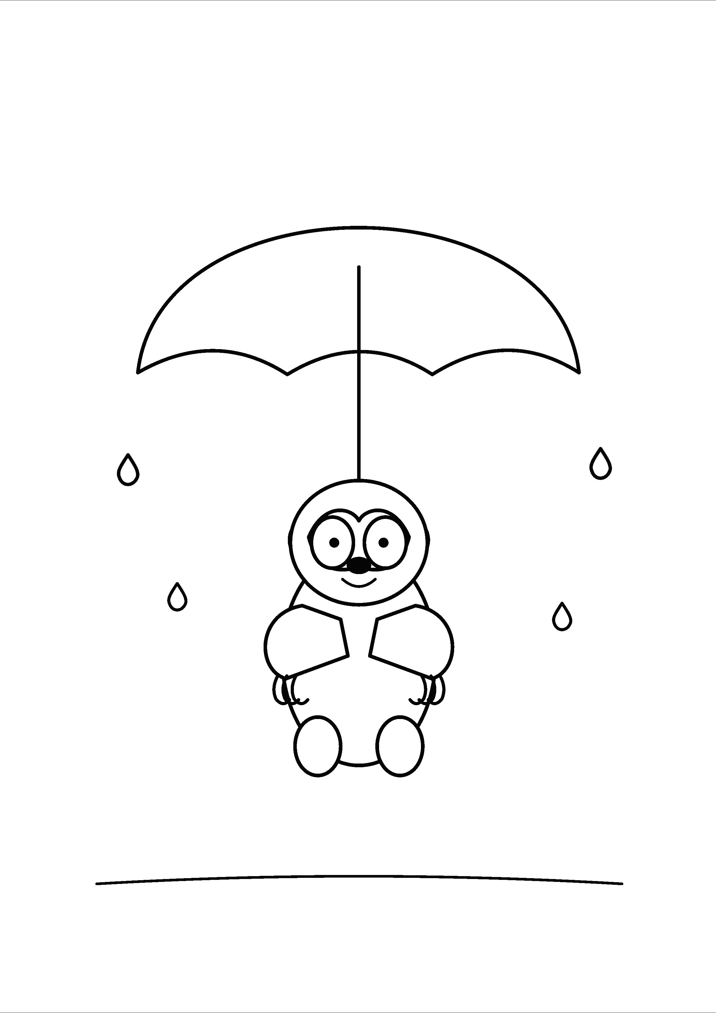 A sloth sits beneath a broad umbrella while raindrops fall.