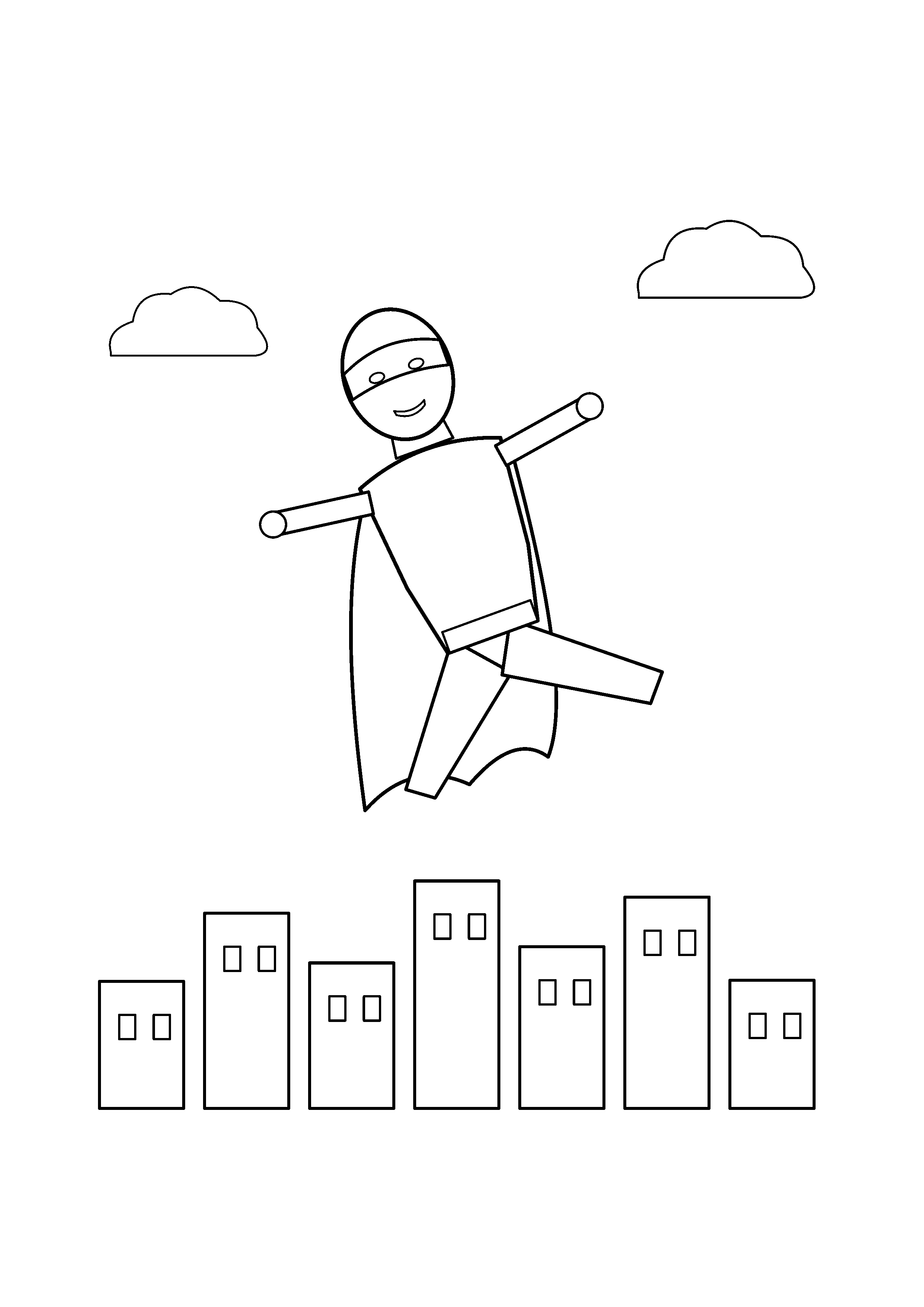 A flying hero crosses the sky above a row of buildings.