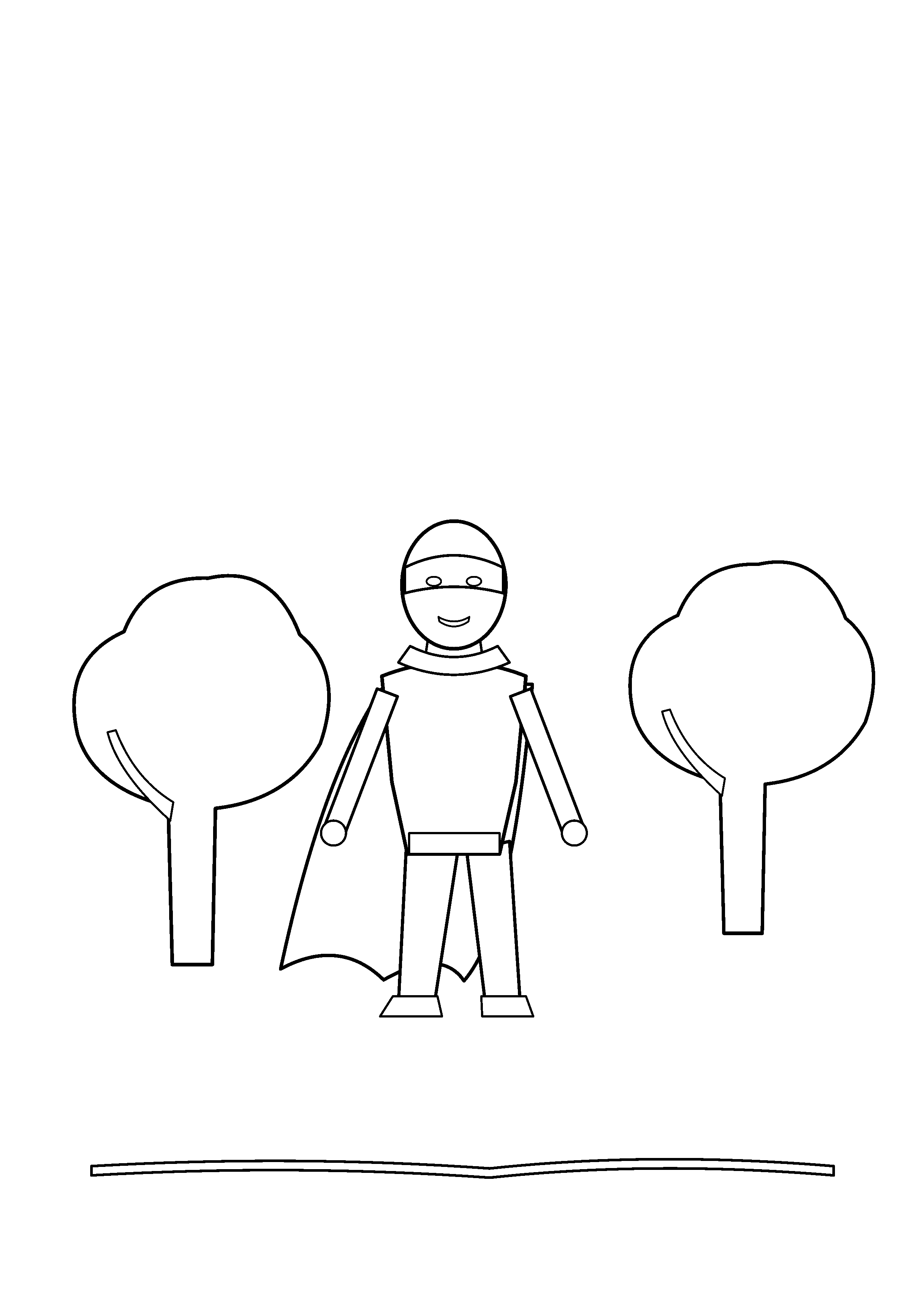 A cloaked hero stands between two tall forest trees.