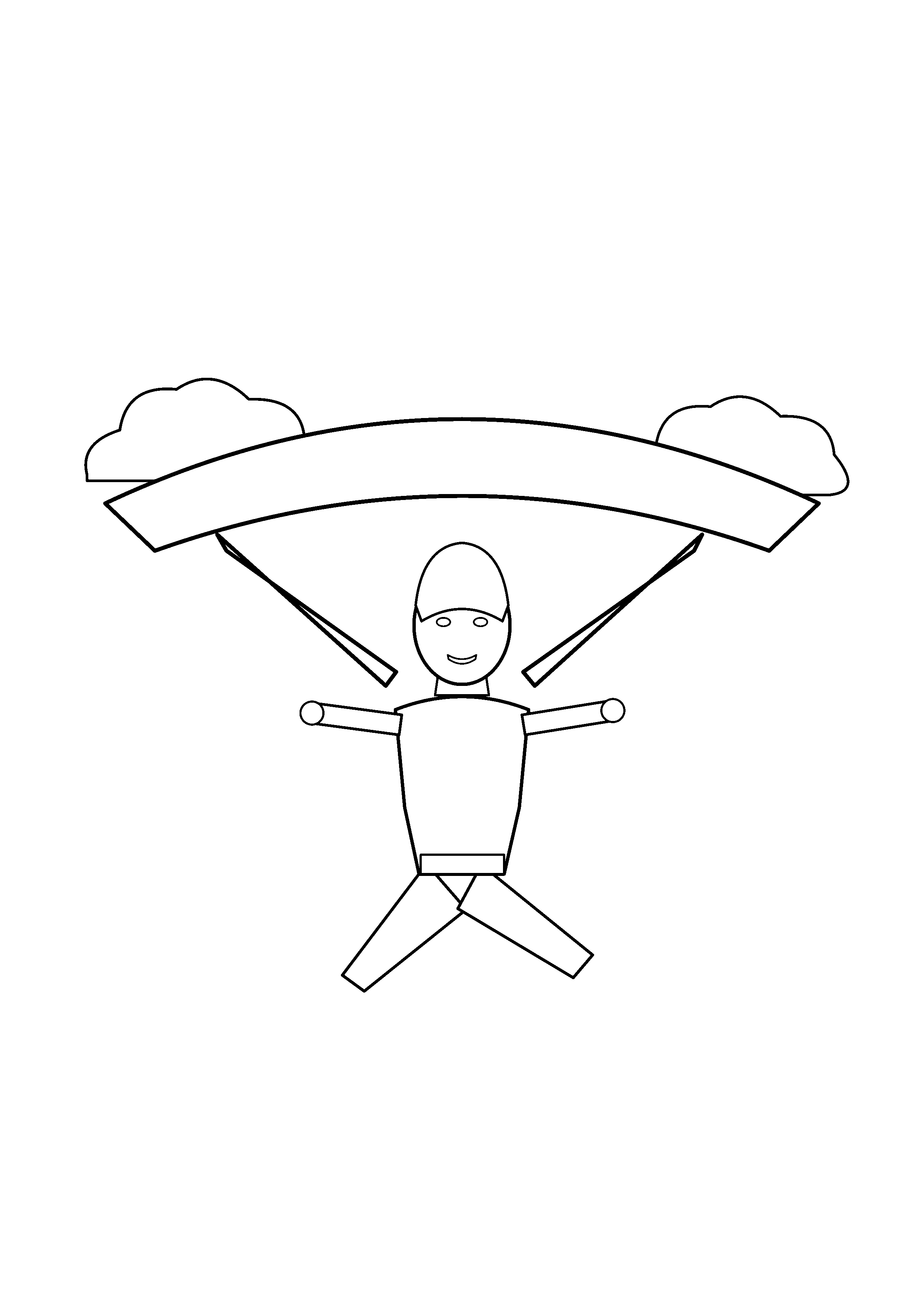 A hero with a broad glider passes between two clouds.