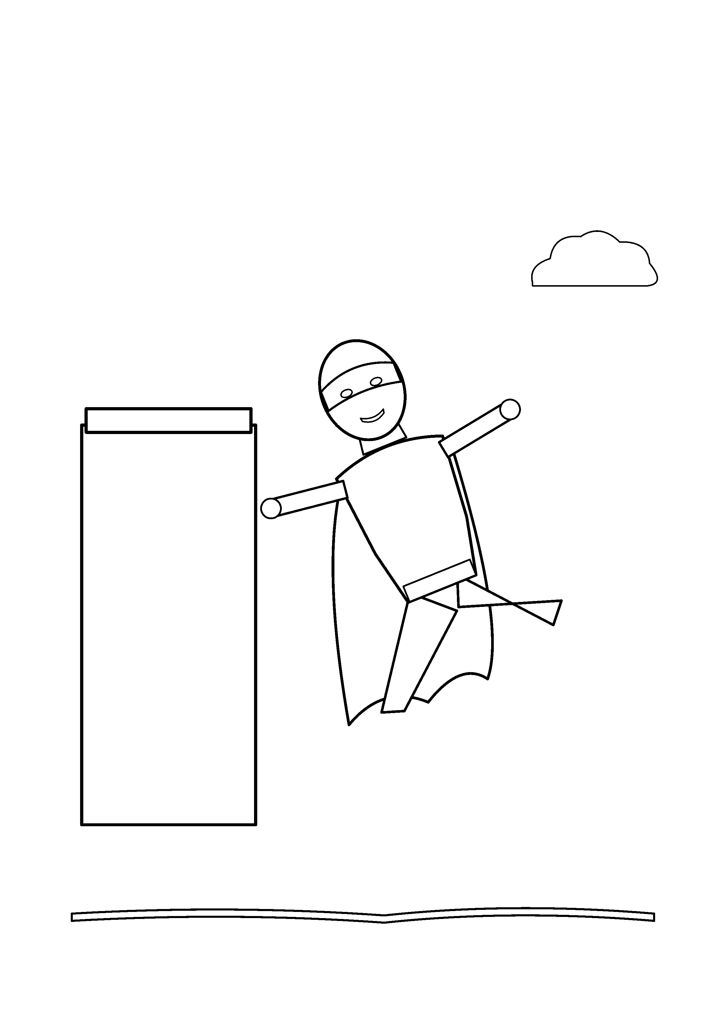 A caped hero leaps away from a narrow lookout tower.