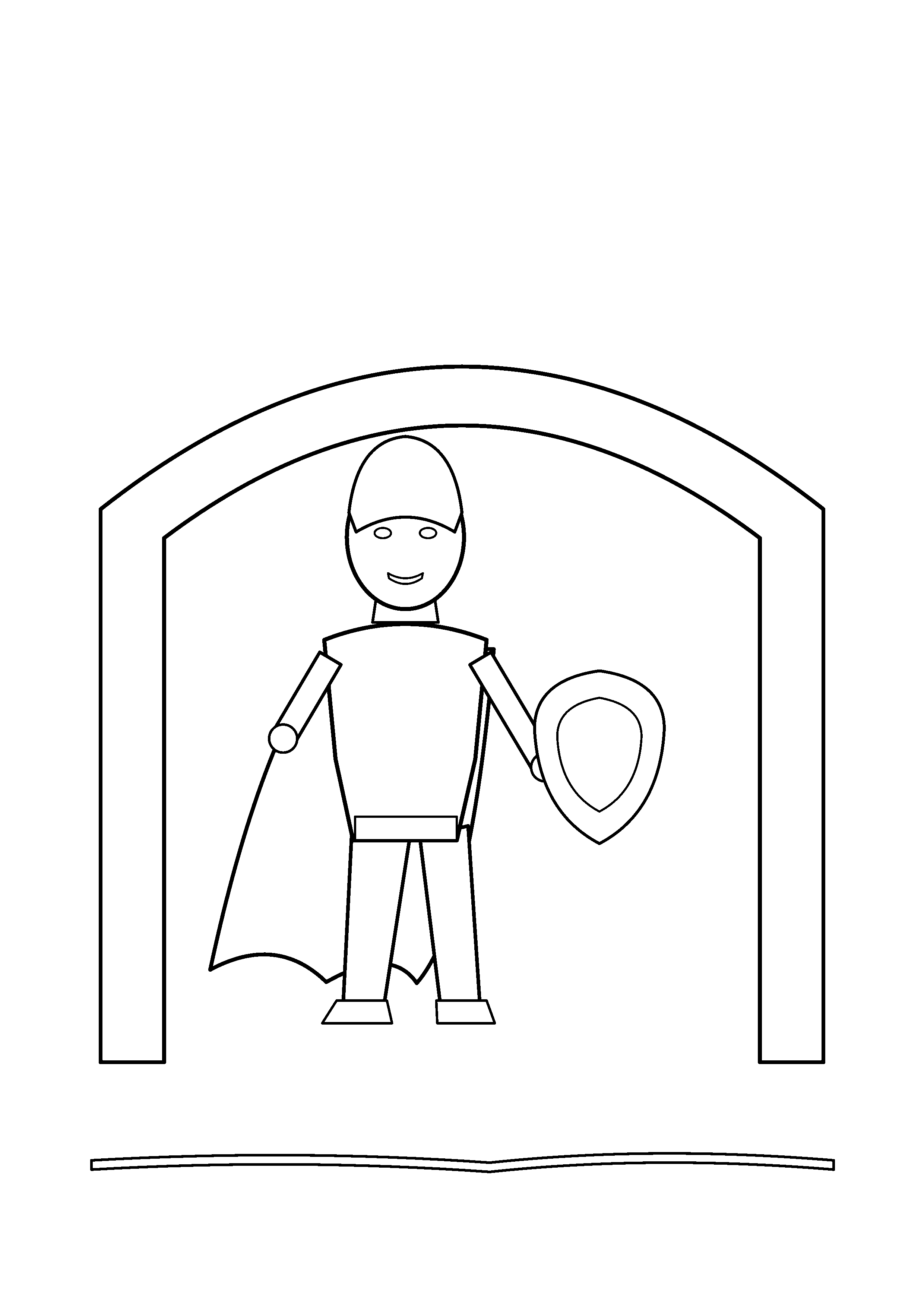 A masked hero raises a plain shield beside a stone archway.
