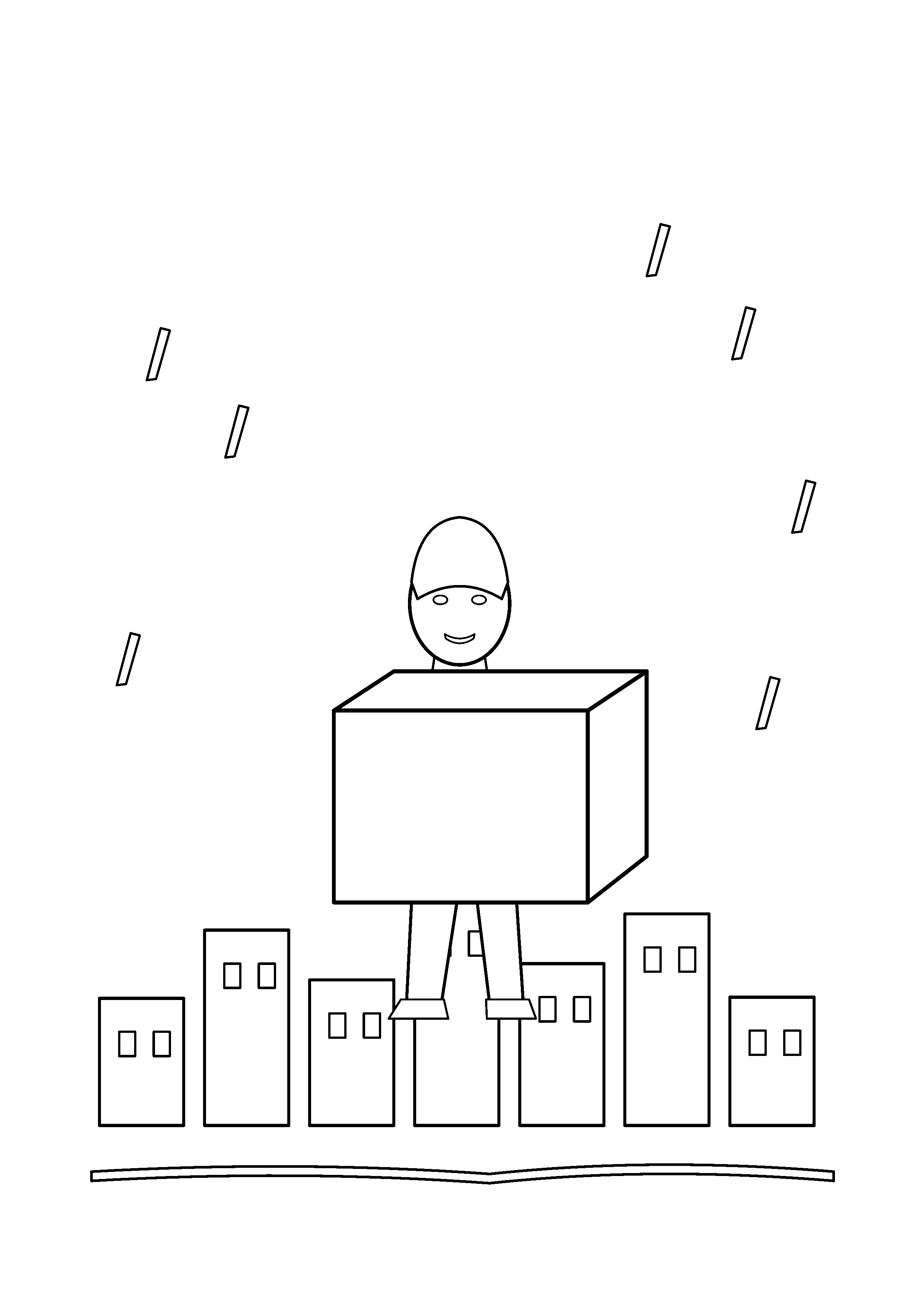 A hero carries a box of supplies through a rainy street.