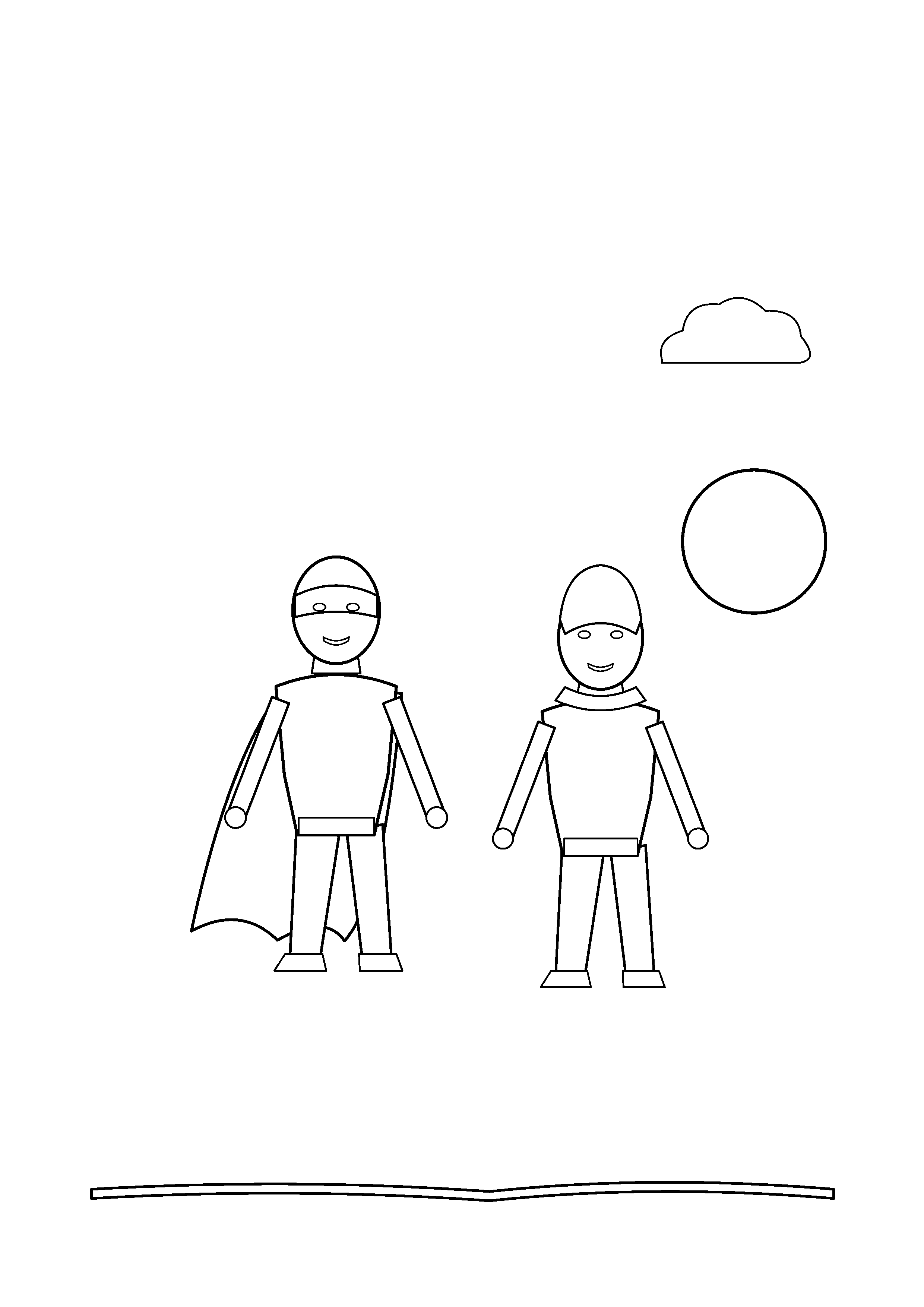 Two original heroes look toward the horizon from a hill.
