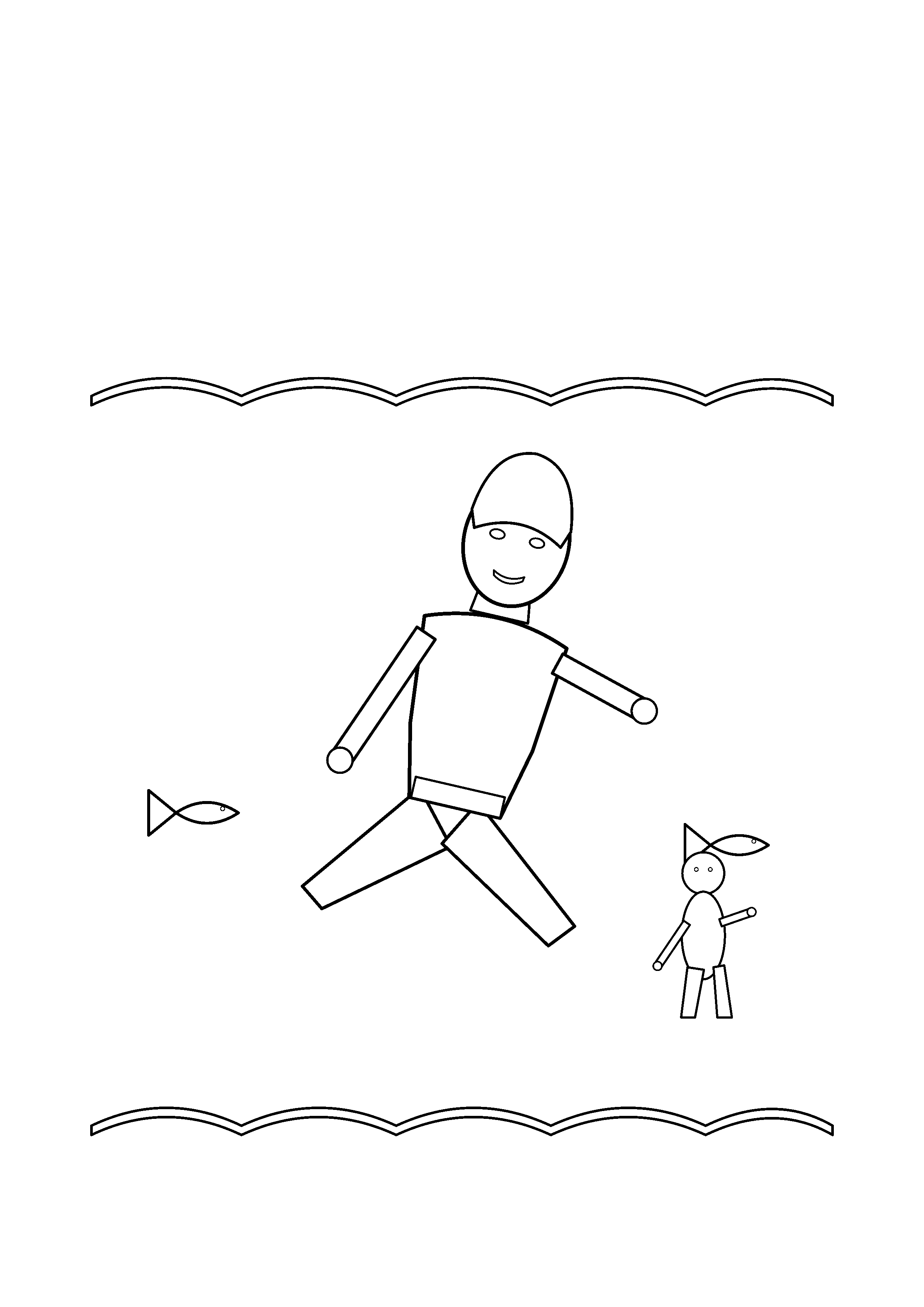 A diving hero reaches toward a swimmer beneath gentle waves.