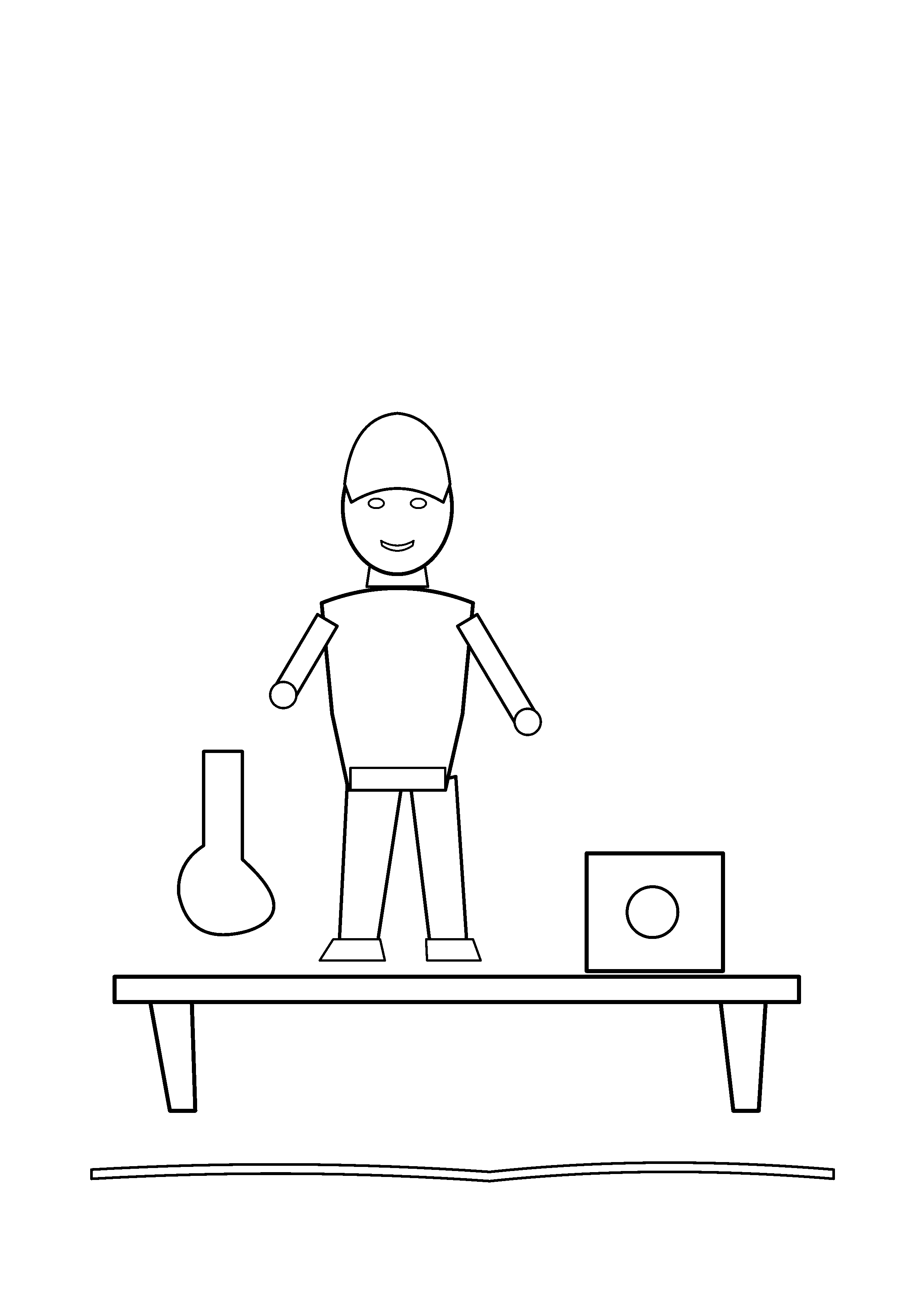 A tool carrying hero stands beside a simple workshop bench.