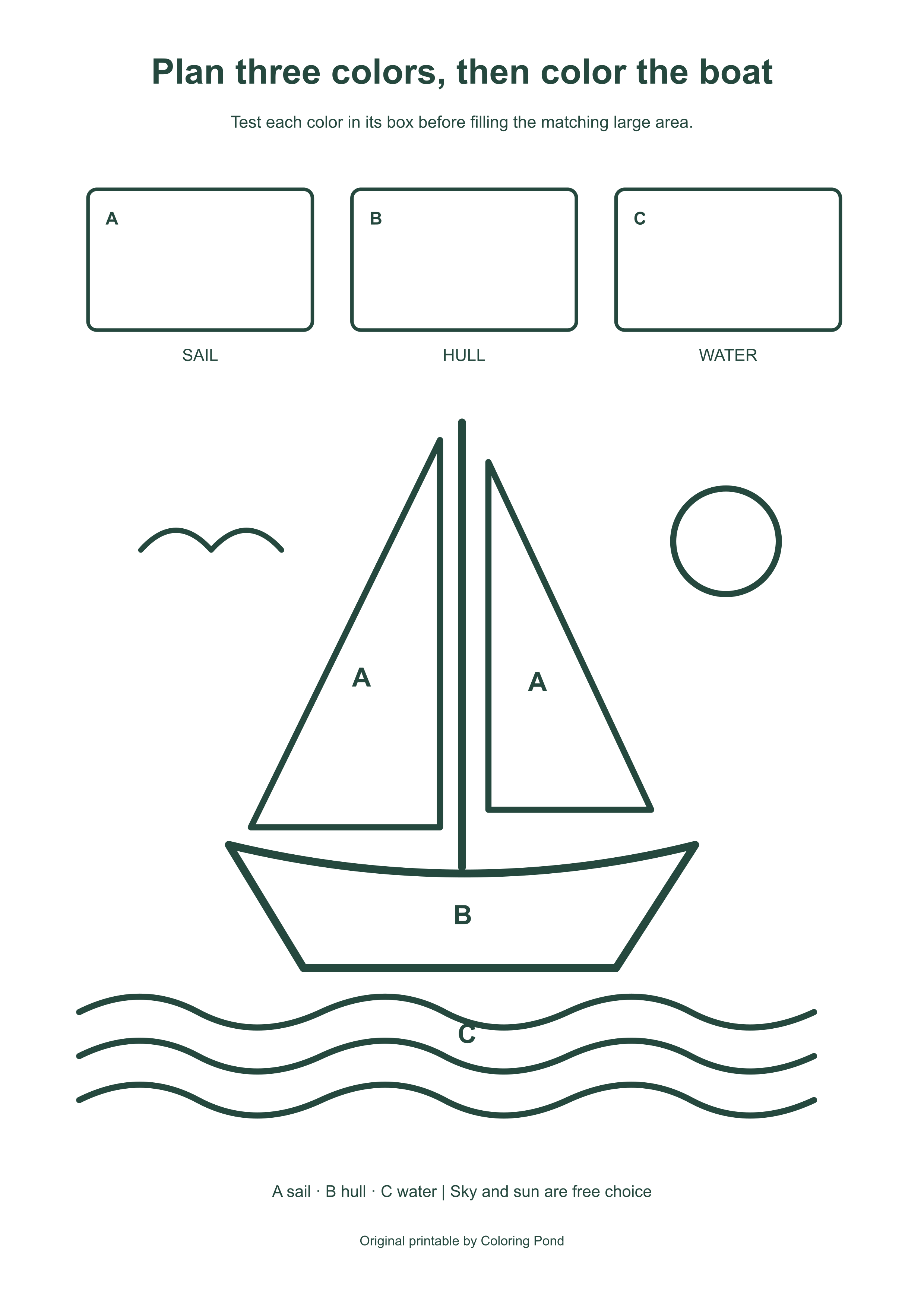 Original sailboat printable with three empty color test boxes labeled A sail, B hull and C water