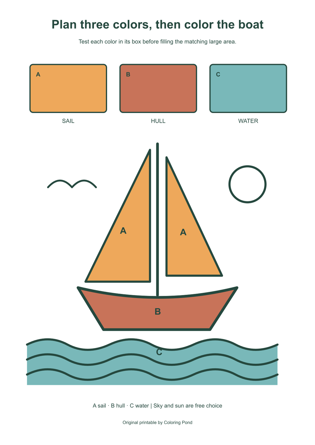 Same-source sailboat guide with one possible warm sail, coral hull and teal water color plan