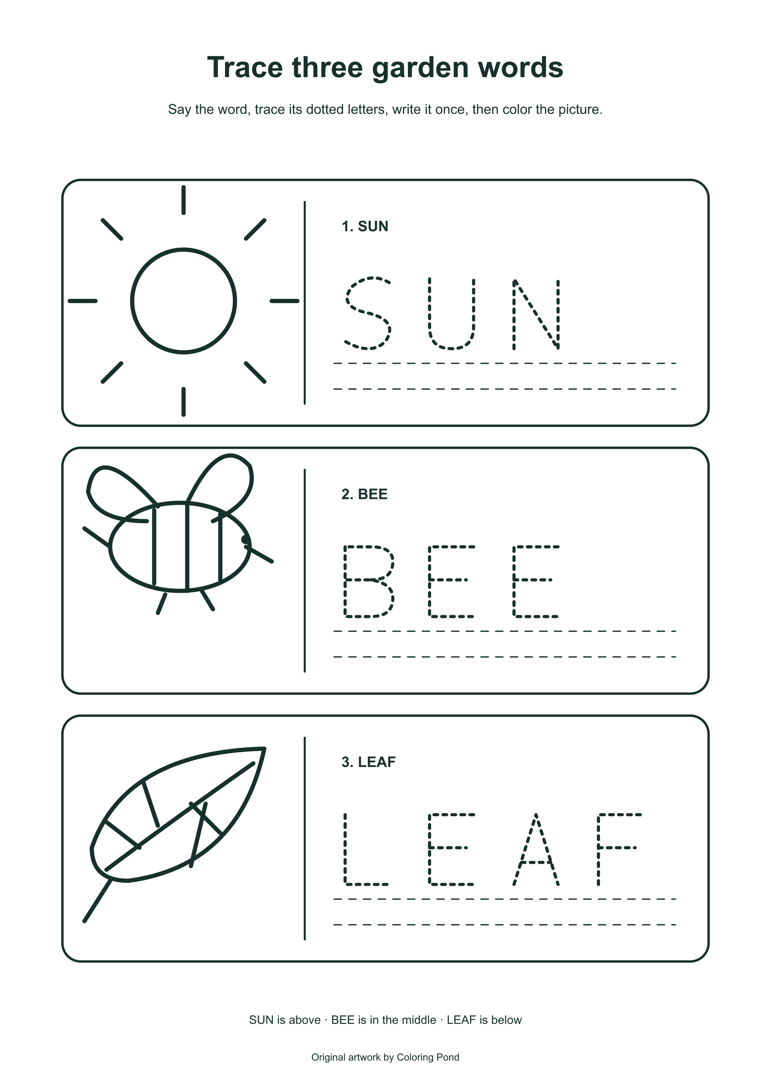 Original printable worksheet with sun, bee and leaf drawings beside dotted word tracing