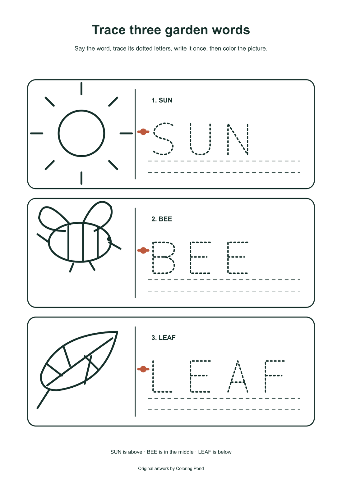 Same-source guide showing the SUN, BEE and LEAF rows next to their original drawings
