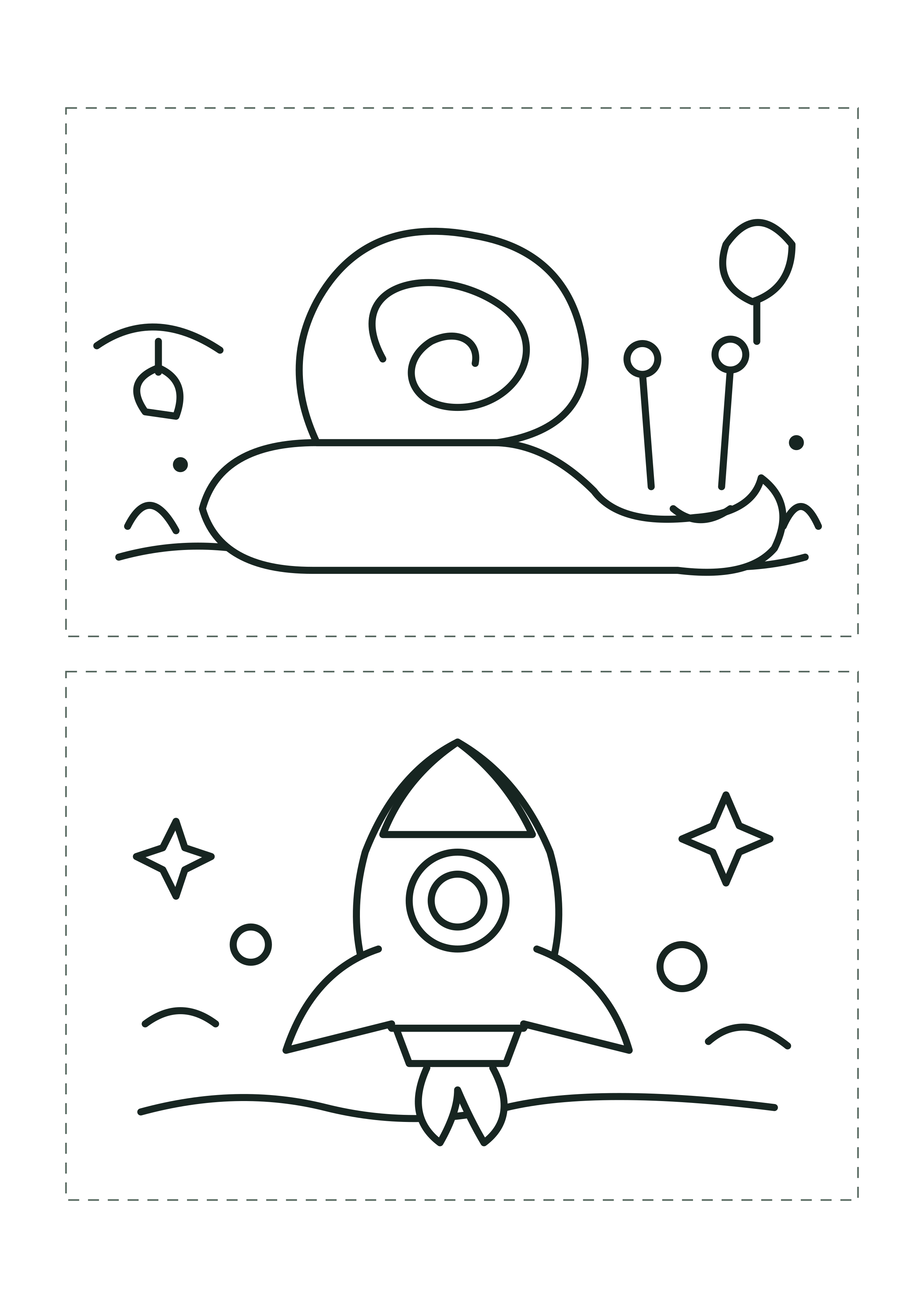 A4 printable with an original garden snail above a rocket, each in a dashed trim box